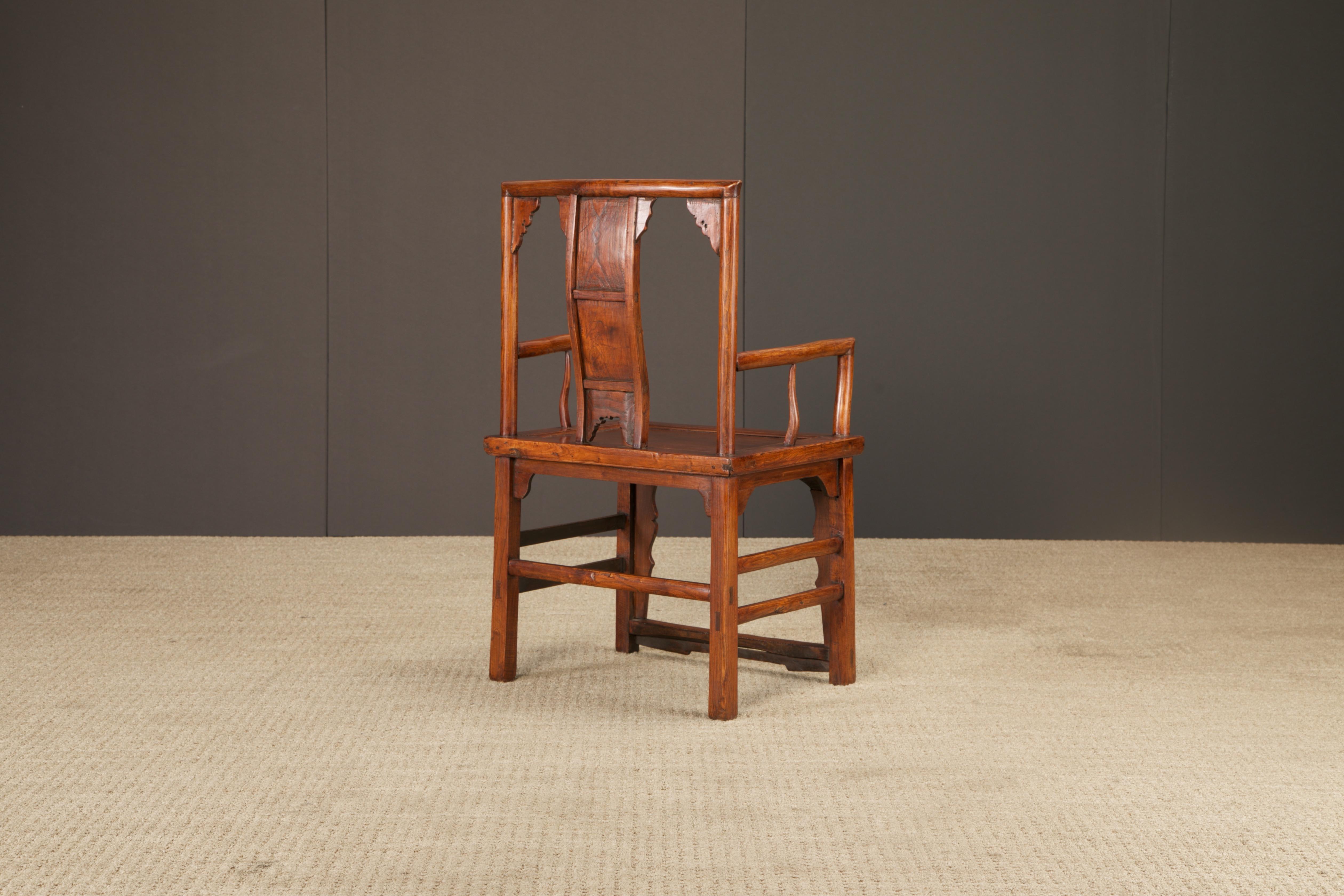 Pair of Qing Dynasty Chinese Horseshoe-Back Armchairs in Carved Elmwood For Sale 14
