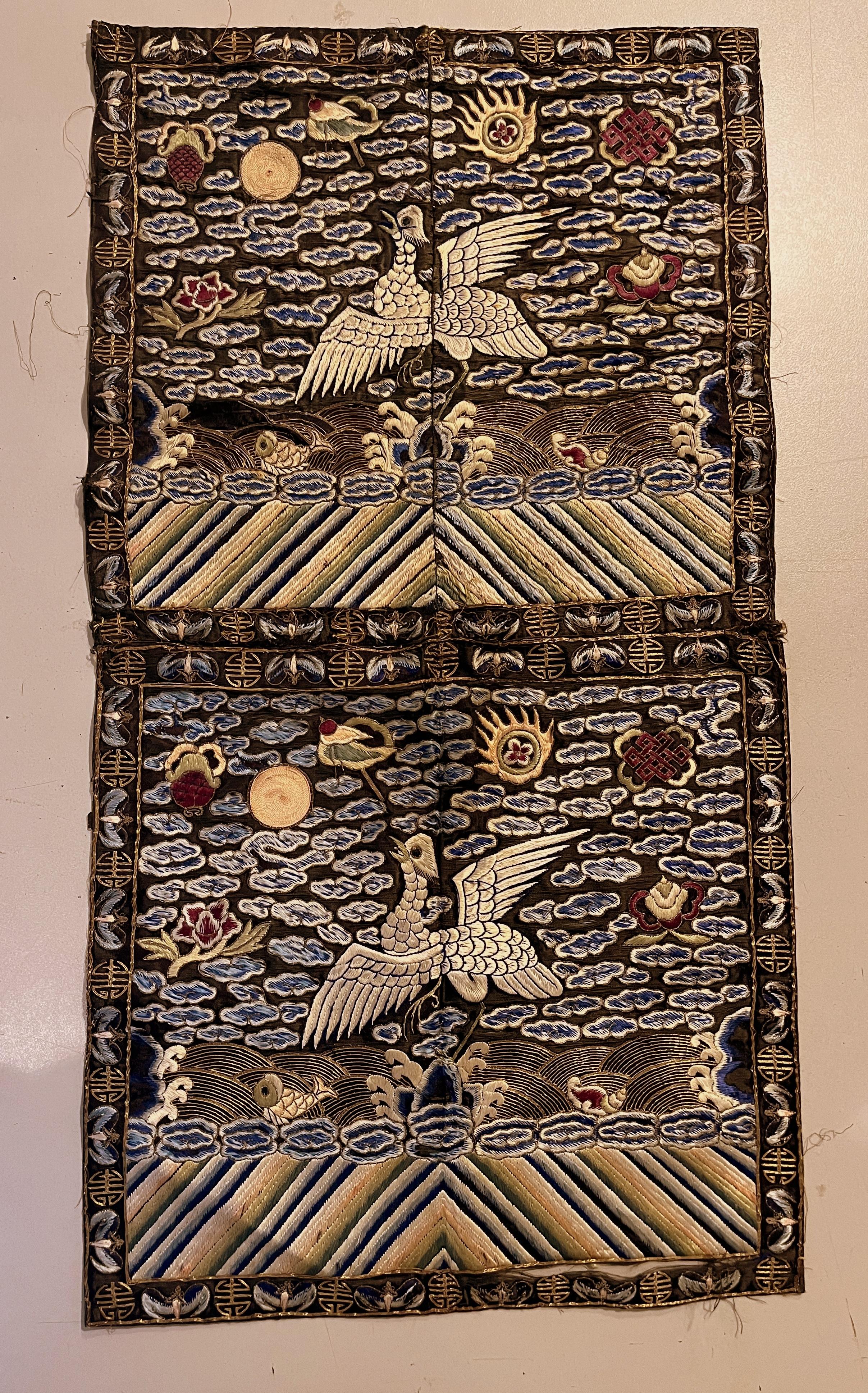 Pair of Qing Dynasty Embroidered Imperial civil officer rank badges with pheasant alighting astop a rock emerging from cloud and waves surrounding with auspicious symbols.
Each single badge is 12