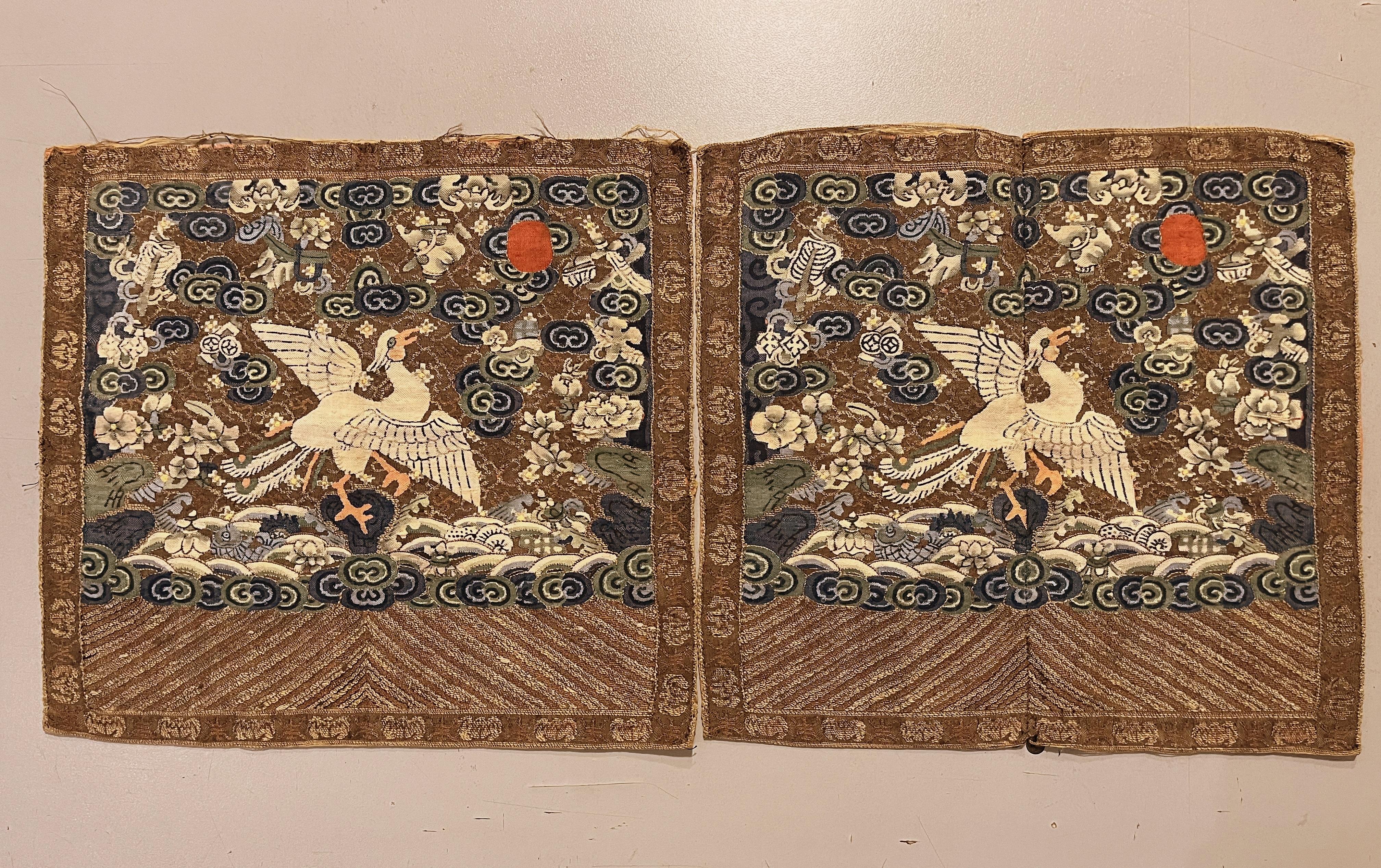 Pair of Qing Dynasty Kesi Imperial civil officer rank badges with pheasant alighting astop a rock emerging from cloud and waves surrounding with auspicious symbols. 
Overall in very good condition.
Each single badge is 11.8