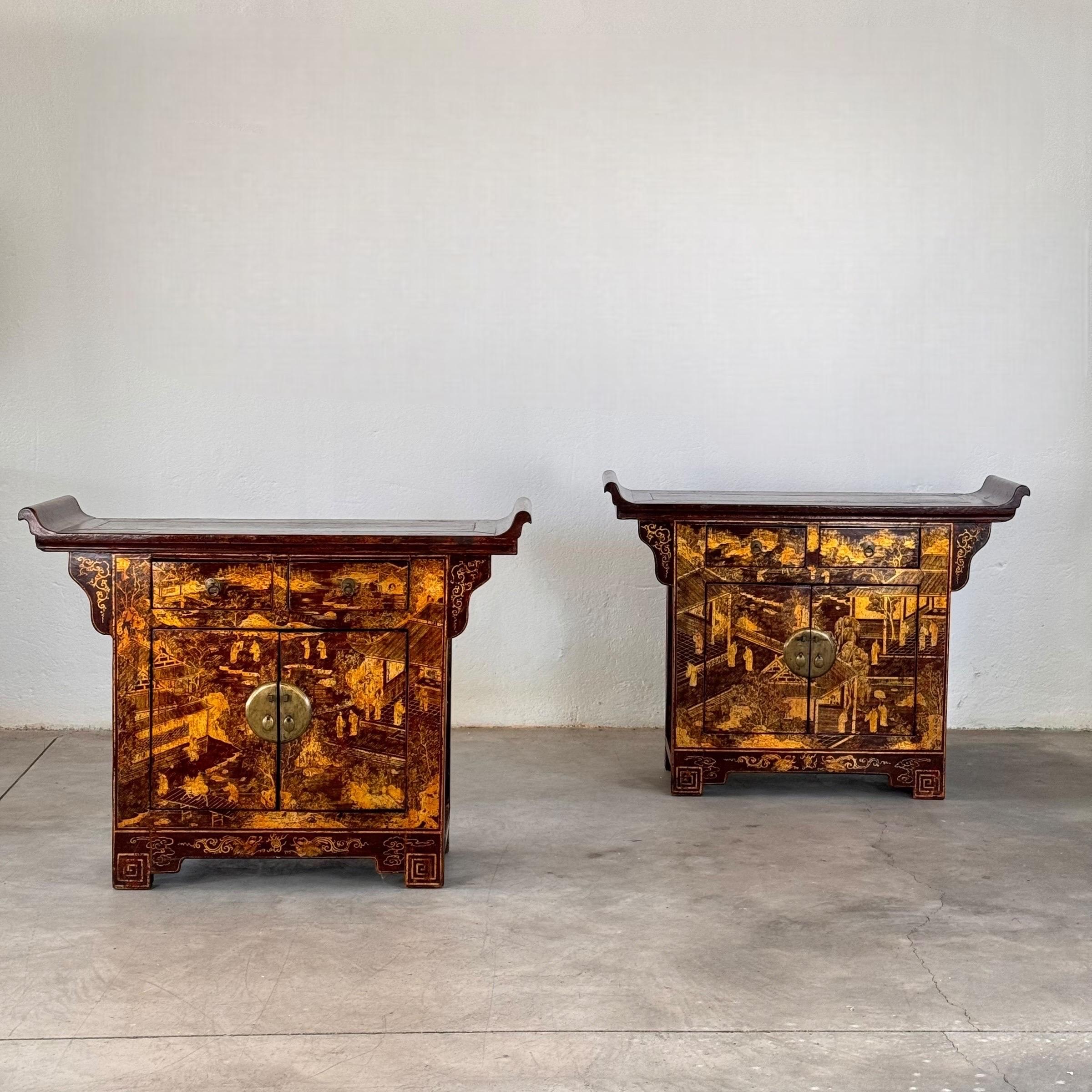 This stunning pair of lacquered wood sideboards from the Qing Dynasty (circa 1870-1880) are reminiscent of Chinese temples with their architectural form, evoking the grandeur of traditional temple structures. The cabinets feature intricate and