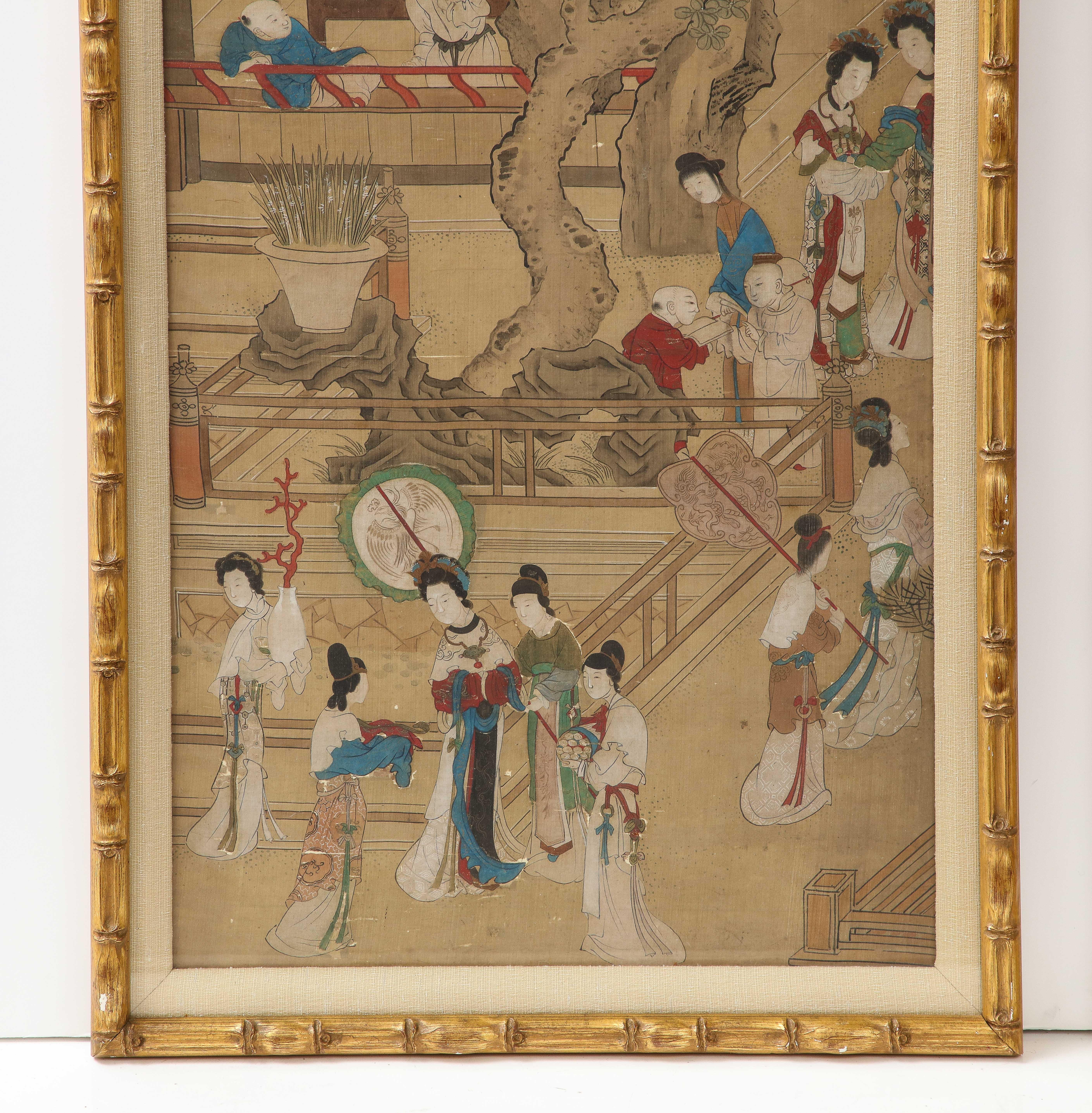 This stunning pair of panels could be the star attraction in any room. These Qing Dynasty panels feature a tenple scene hand painted on silk wall coverings and are finished in gilt faux bamboo frames.