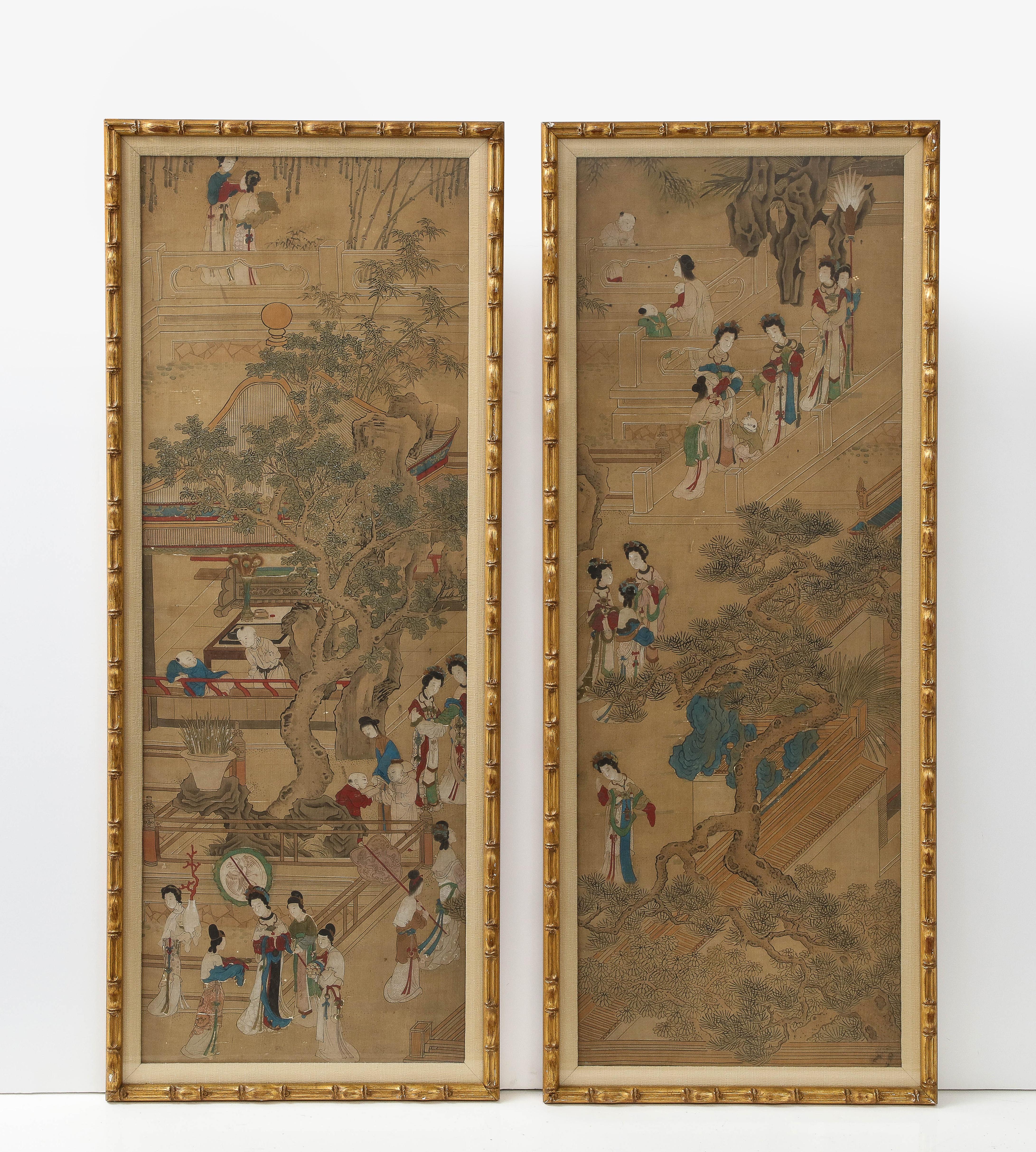 Chinese Pair of Qing Dynasty Temple Scene Wallpaper Panels