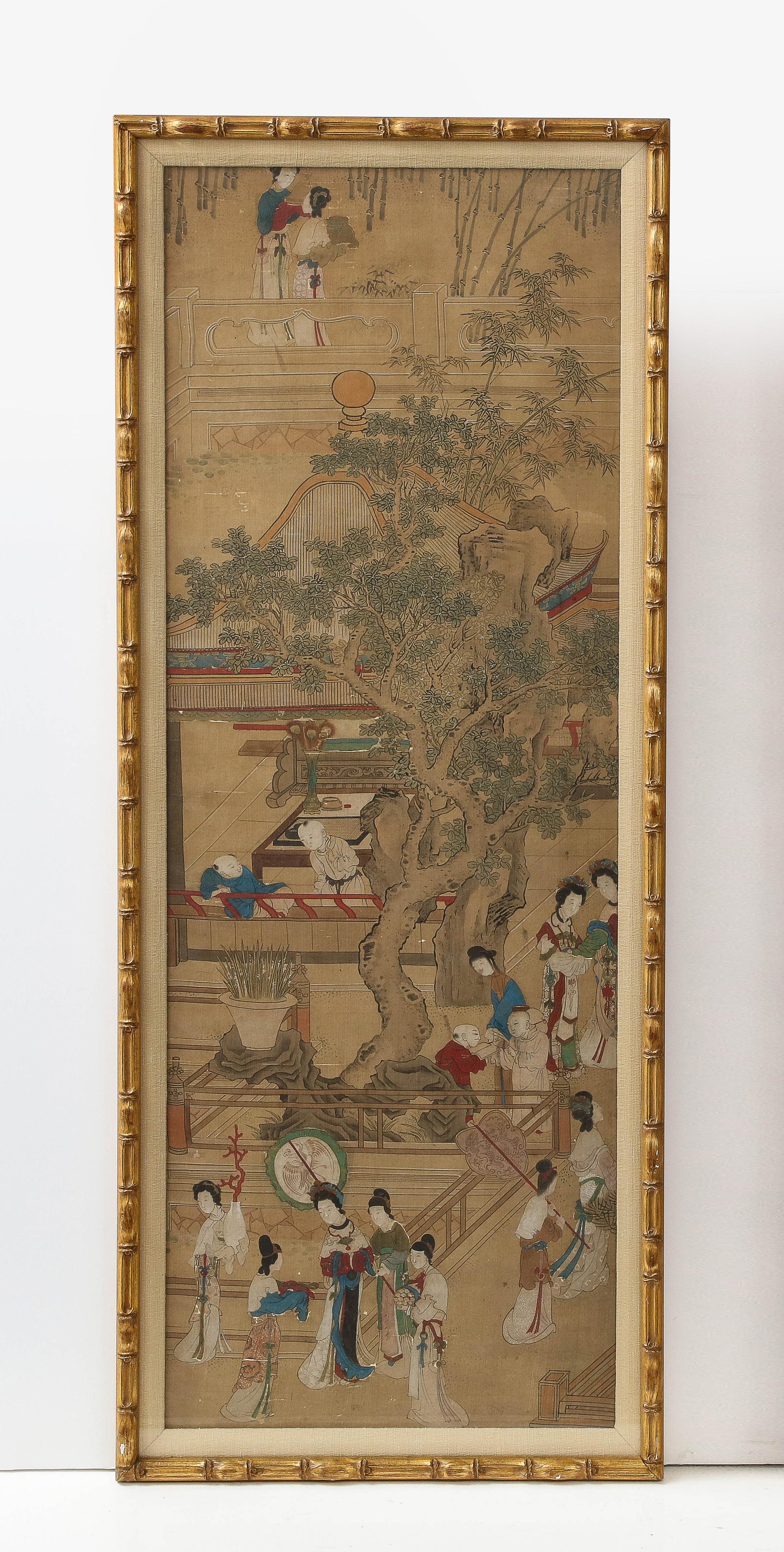 Pair of Qing Dynasty Temple Scene Wallpaper Panels In Good Condition In New York, NY