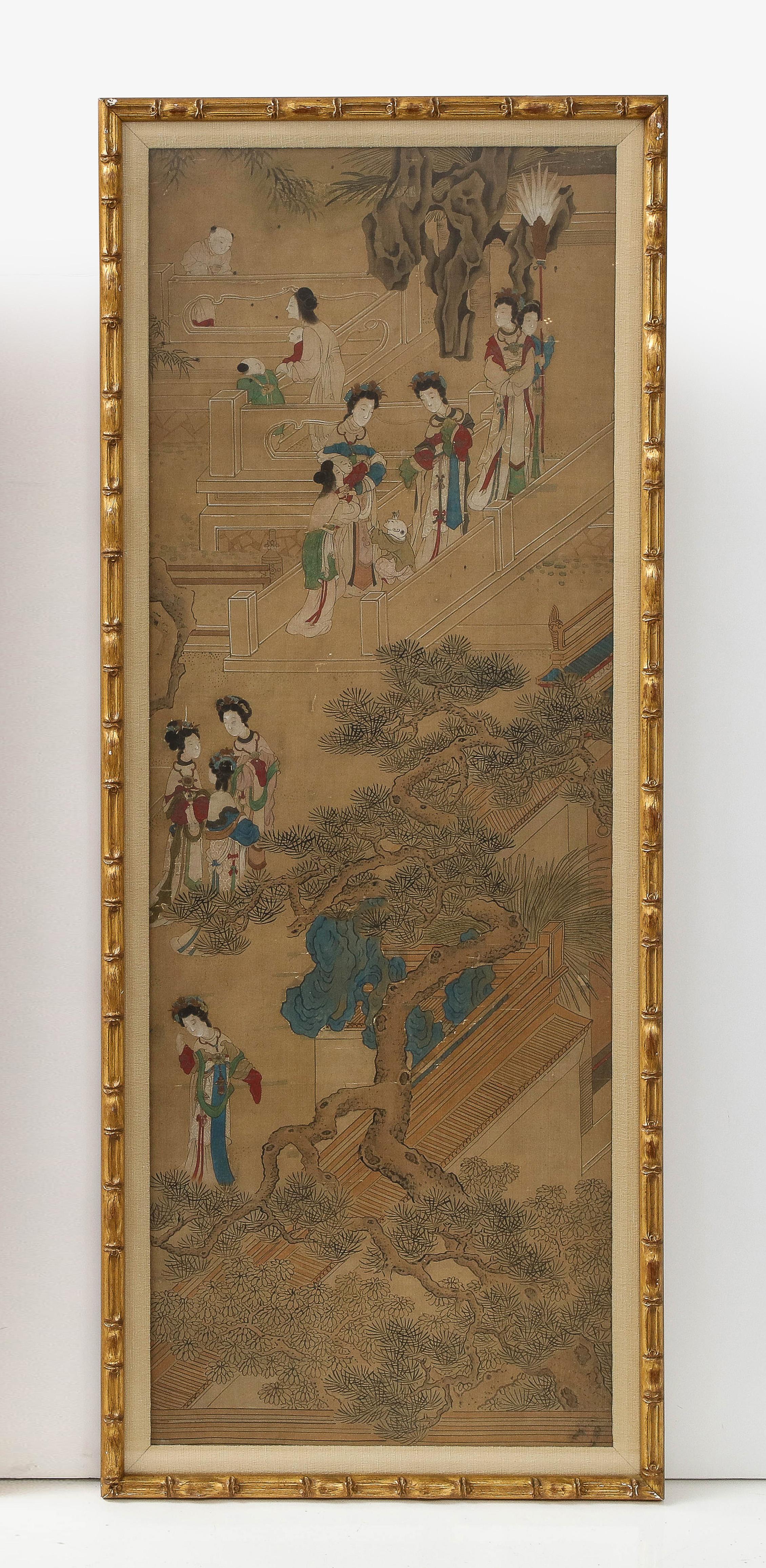 Late 19th Century Pair of Qing Dynasty Temple Scene Wallpaper Panels