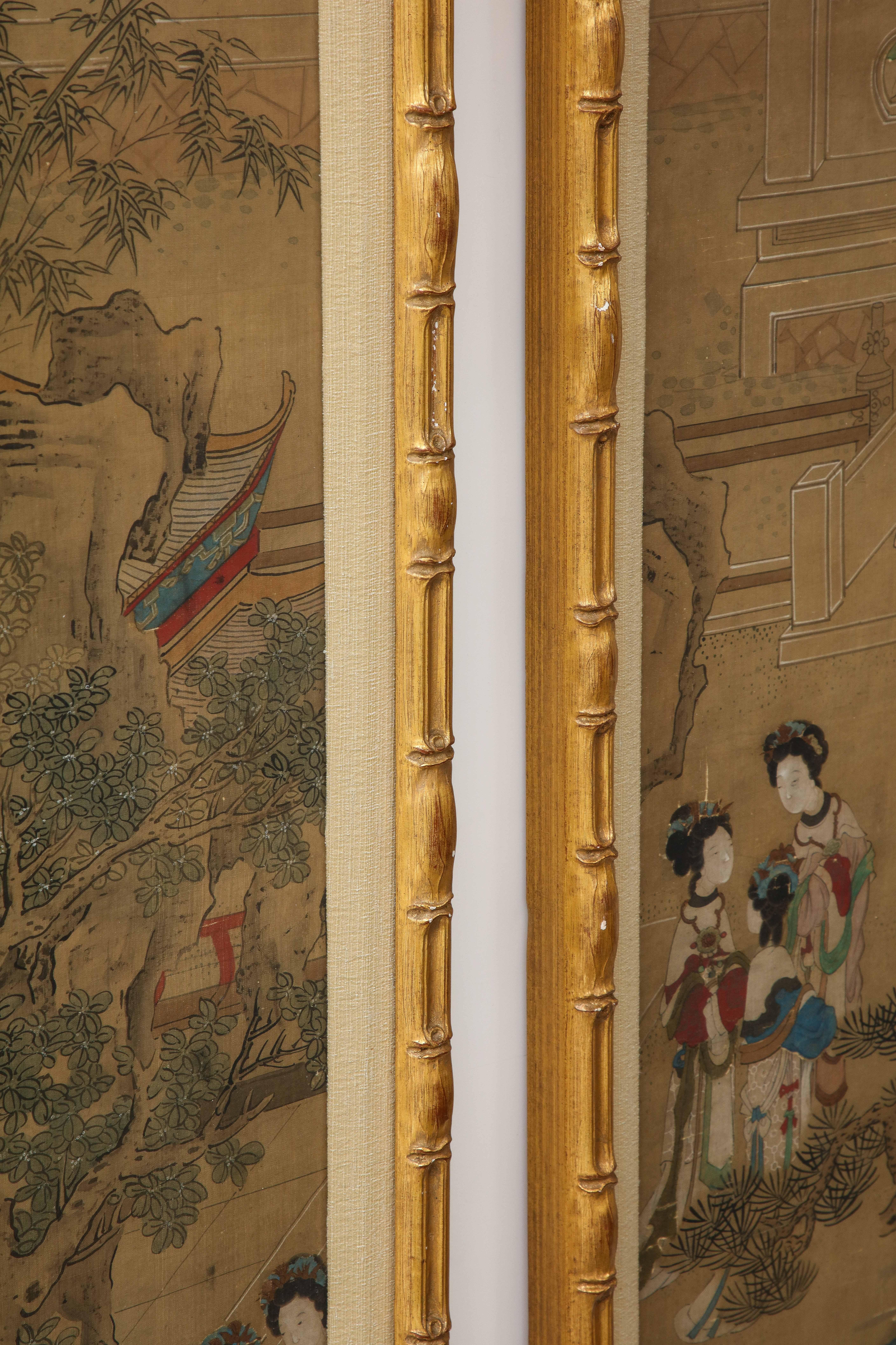Silk Pair of Qing Dynasty Temple Scene Wallpaper Panels