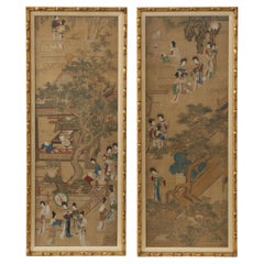 Antique Pair of Qing Dynasty Temple Scene Wallpaper Panels
