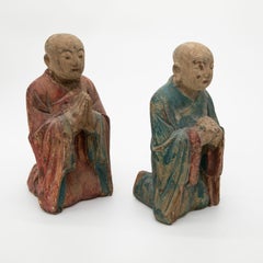 Pair of Qing Dynasty Tibetan Carved Wood Praying Monks