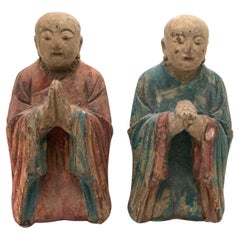 Pair of Qing Dynasty Tibetan Carved Wood Praying Monks