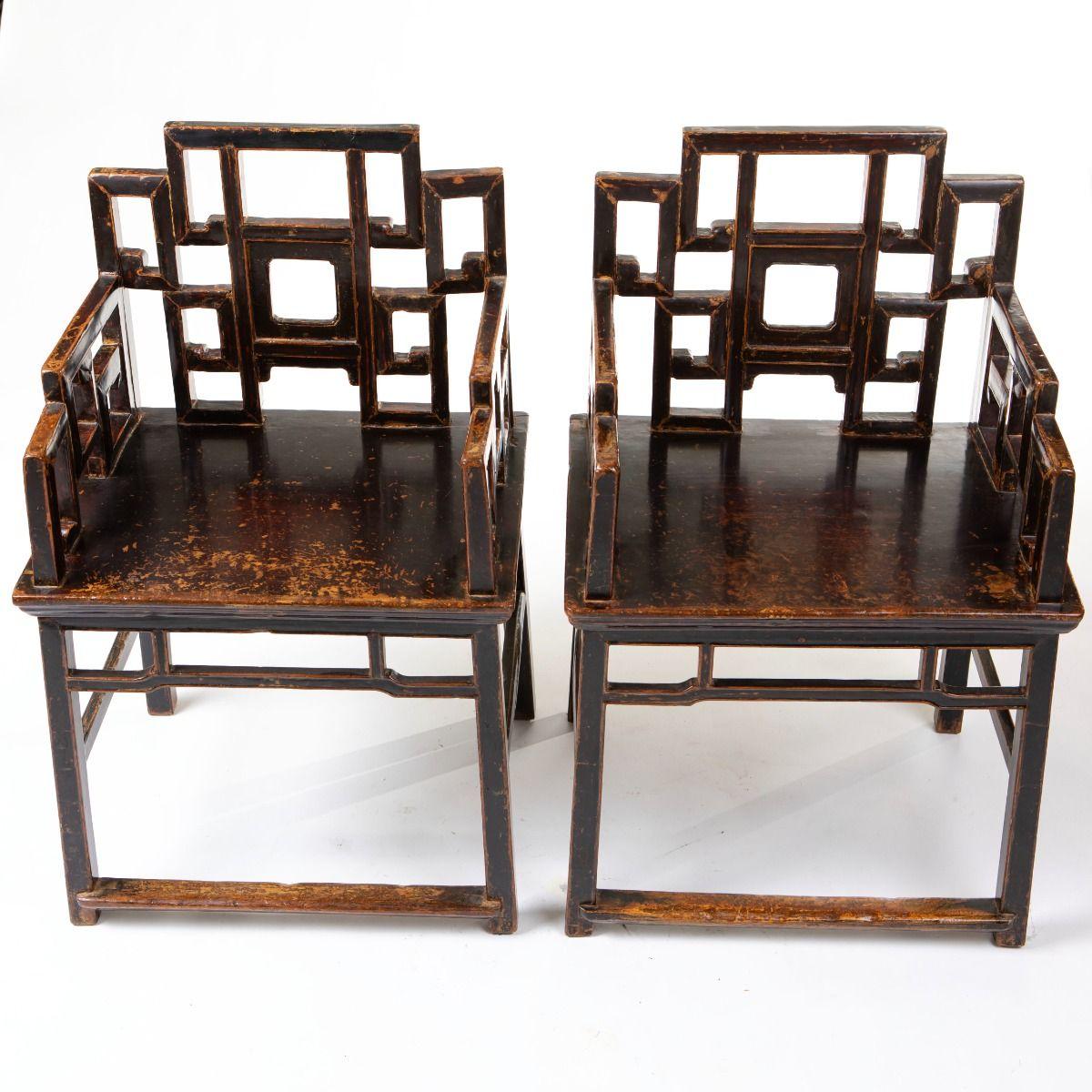 Paire de fauteuils en noyer de la dynastie Qing avec laque noire d'origine Bon état - En vente à Kastrup, DK
