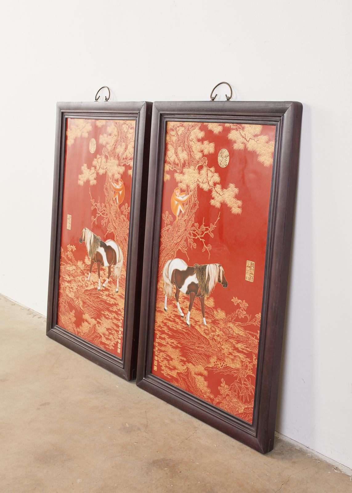 Pair of Qing Style Porcelain Panels Orange Monkey and Horse 7