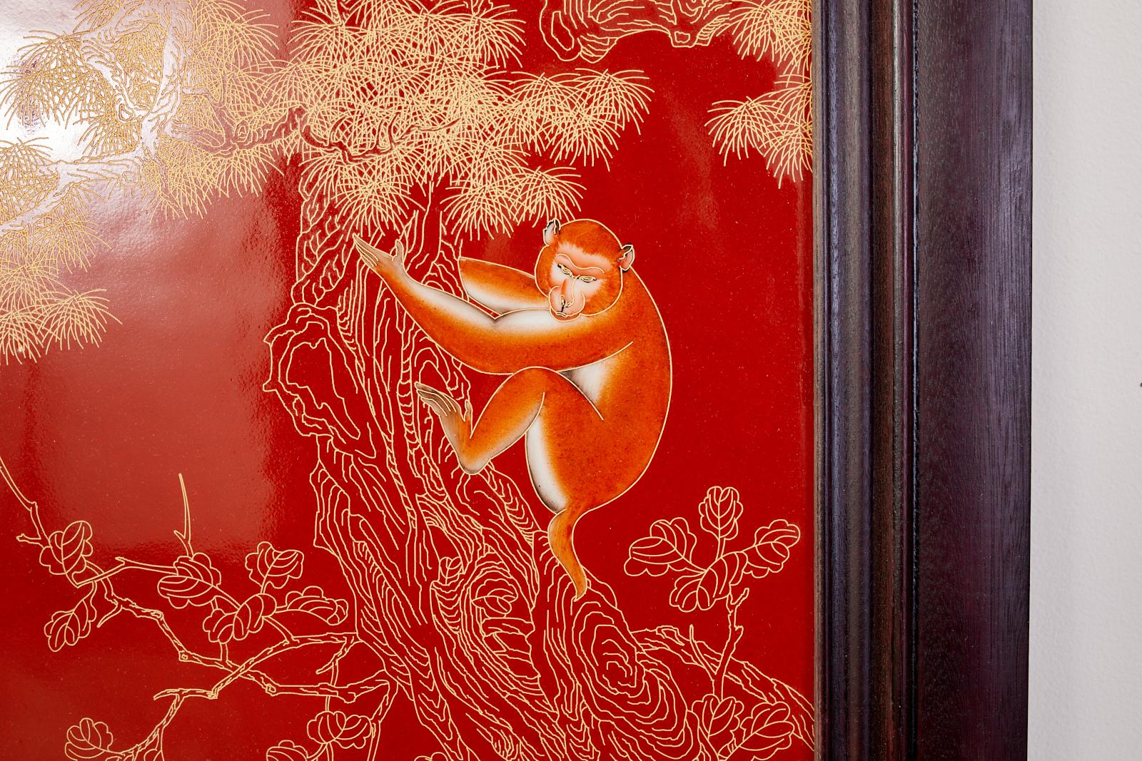 Chinese Pair of Qing Style Porcelain Panels Orange Monkey and Horse