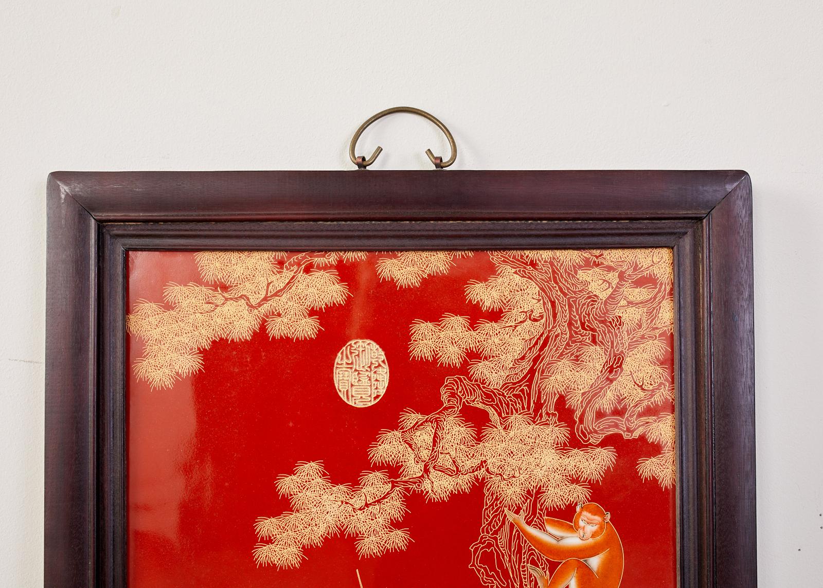 20th Century Pair of Qing Style Porcelain Panels Orange Monkey and Horse