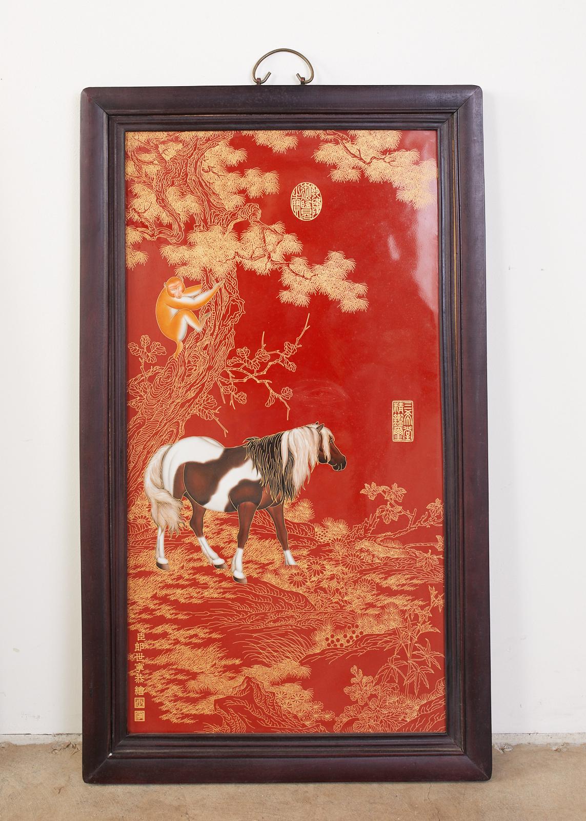 Brass Pair of Qing Style Porcelain Panels Orange Monkey and Horse
