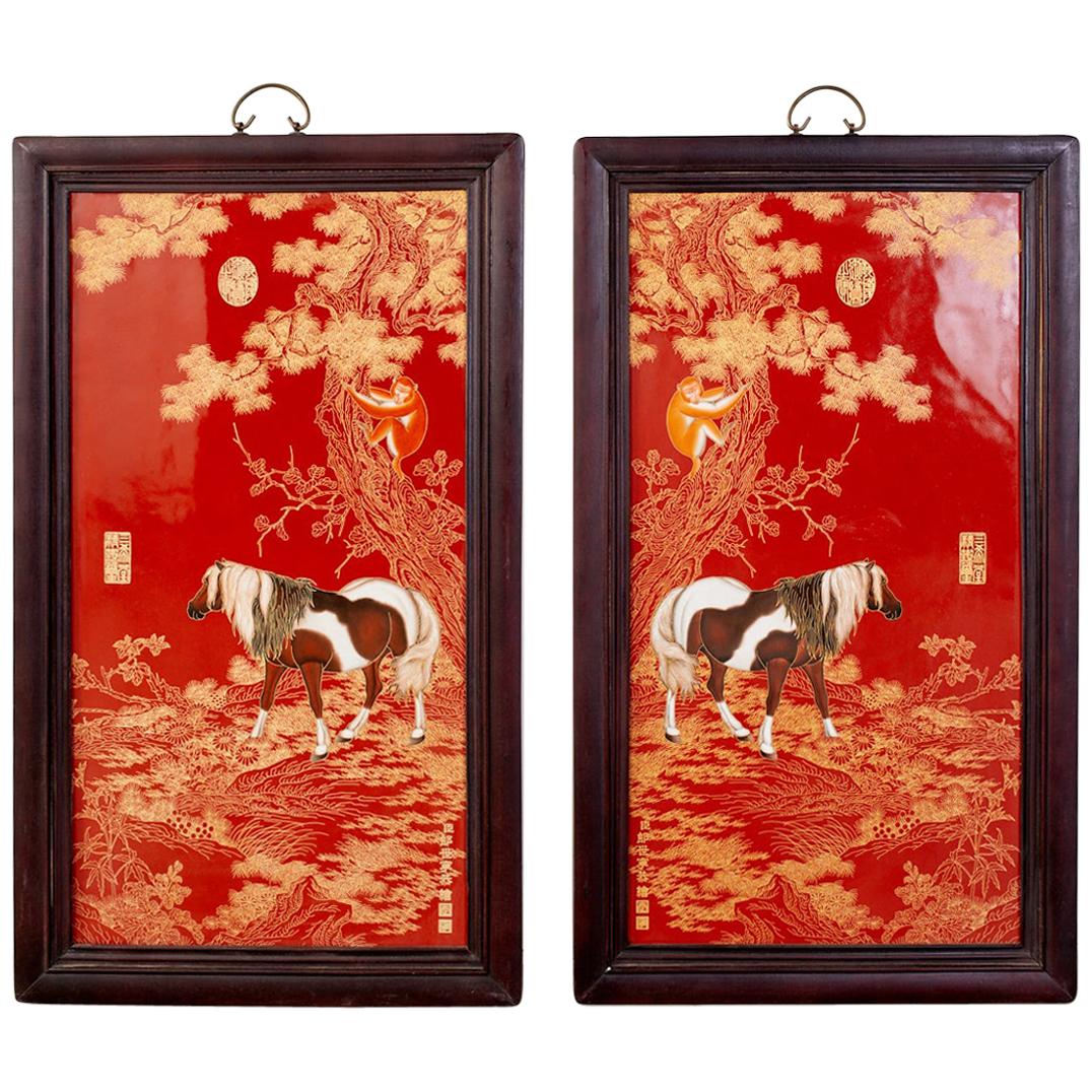Pair of Qing Style Porcelain Panels Orange Monkey and Horse