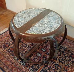 Pair of Qing Wooden Demilune Tables with Porcelain Inlaid on the Surface, China