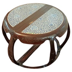 Pair of Qing Wooden Demilune Tables with Porcelain Inlaid on the Surface, China
