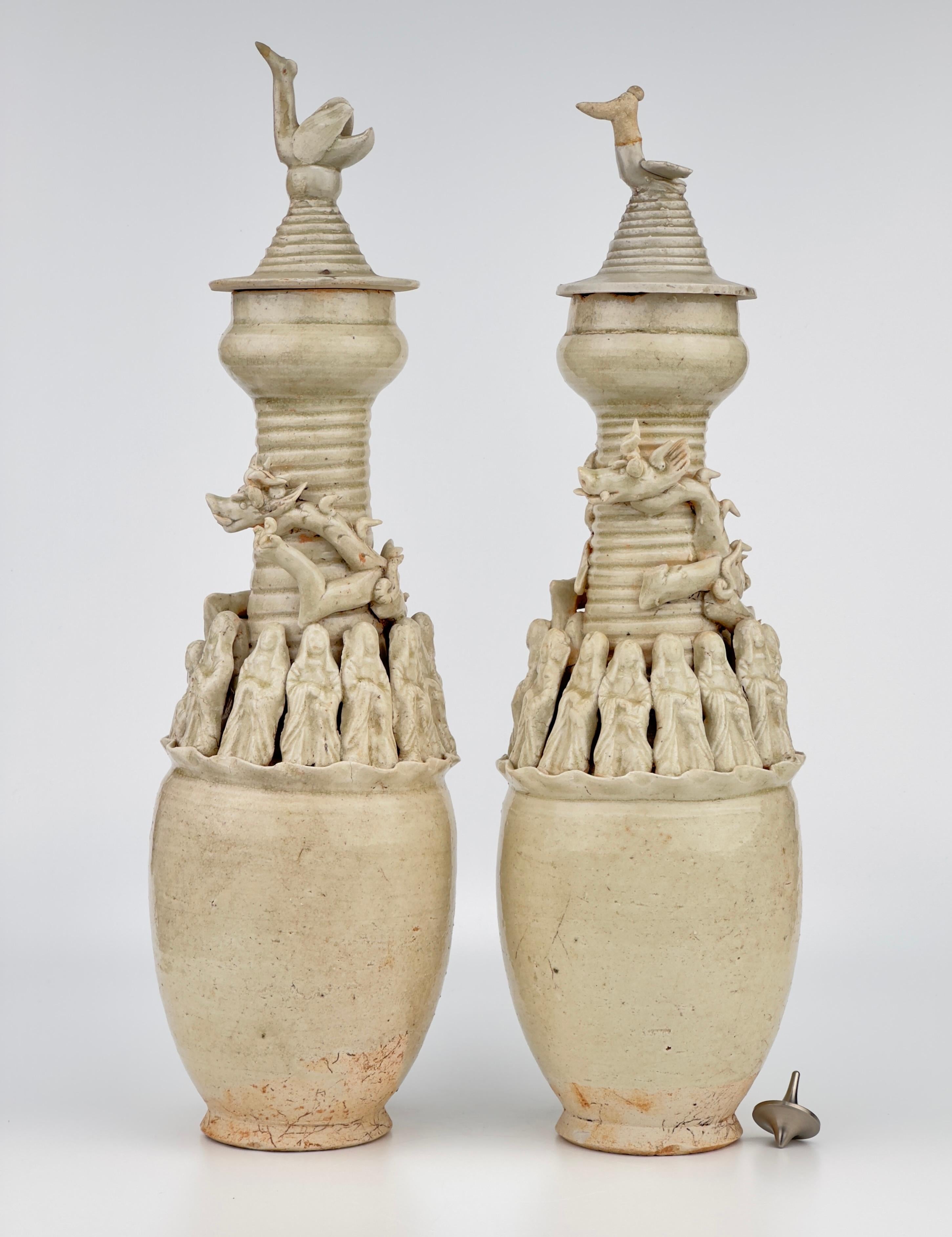 Pair of Qingbai Funerary Vases with Daoist figures, Southern Song-Yuan Dynasty For Sale 8
