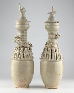 Pair of Qingbai Funerary Vases with Daoist figures, Southern Song-Yuan Dynasty