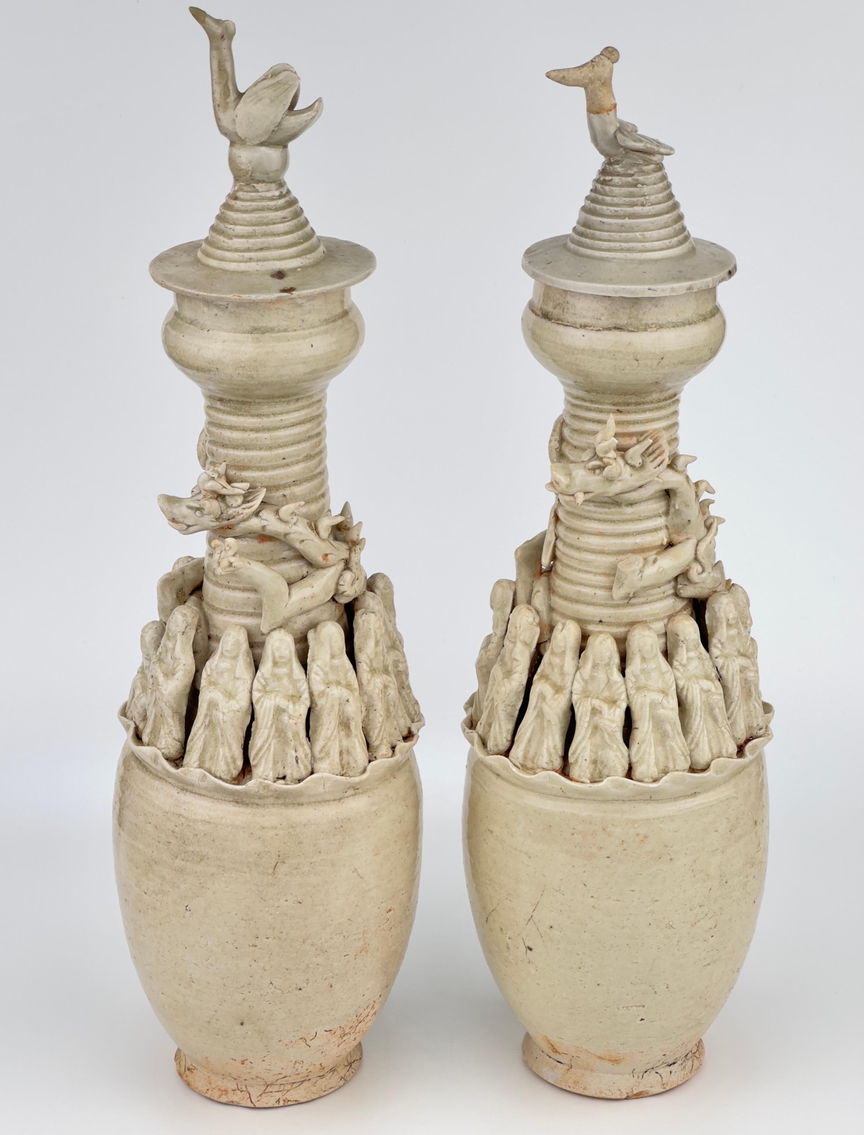 Chinese Pair of Qingbai Funerary Vases with Daoist figures, Southern Song-Yuan Dynasty For Sale