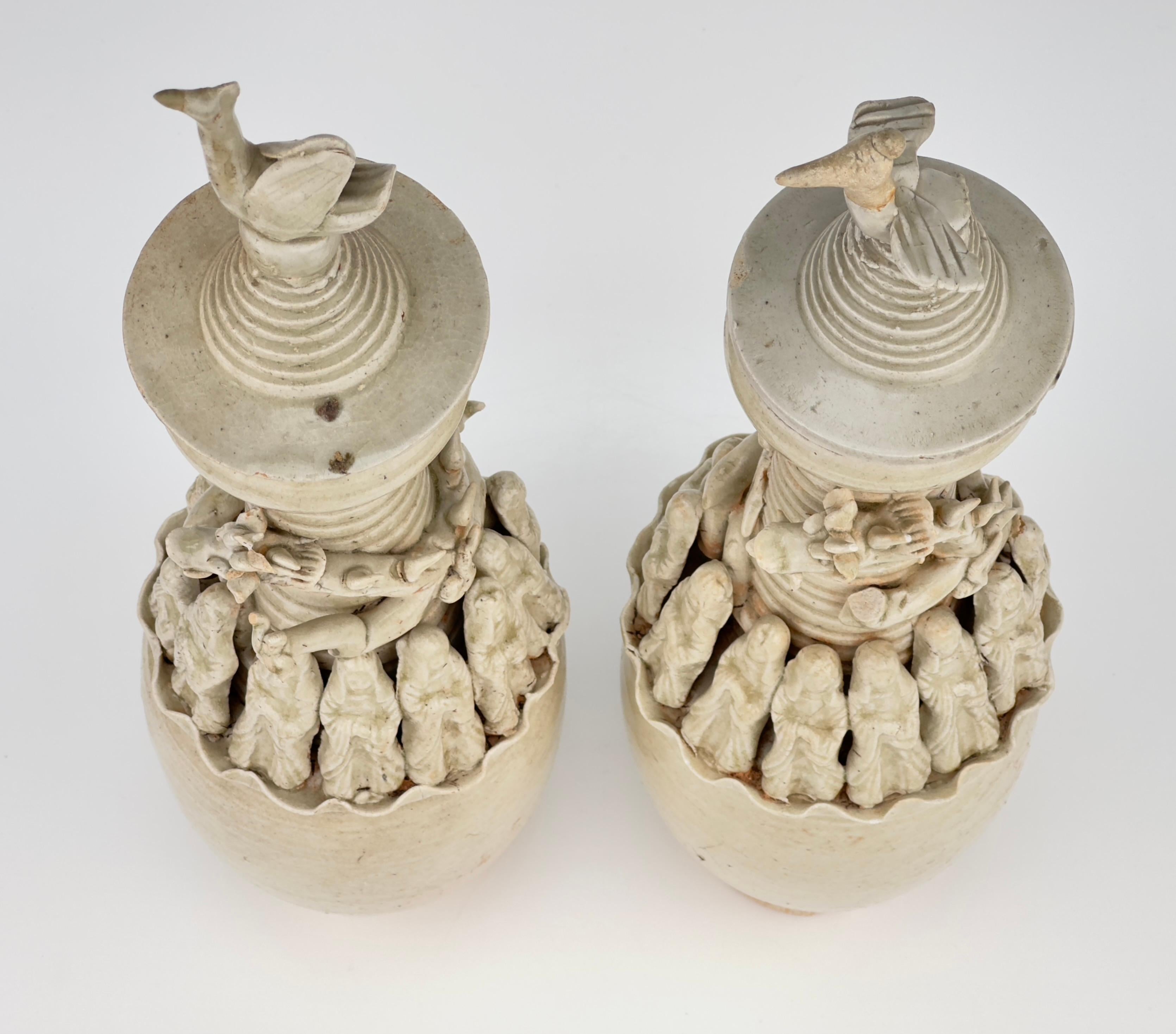 Glazed Pair of Qingbai Funerary Vases with Daoist figures, Southern Song-Yuan Dynasty For Sale