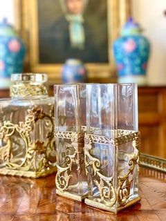 French Napoleon III Pair of Petite Gilt Brass Mounted Glass Vases