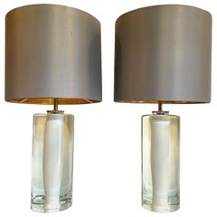 Pair of Quality 1960s Glass Lamps by Orrefors with White and Clear Centre Base