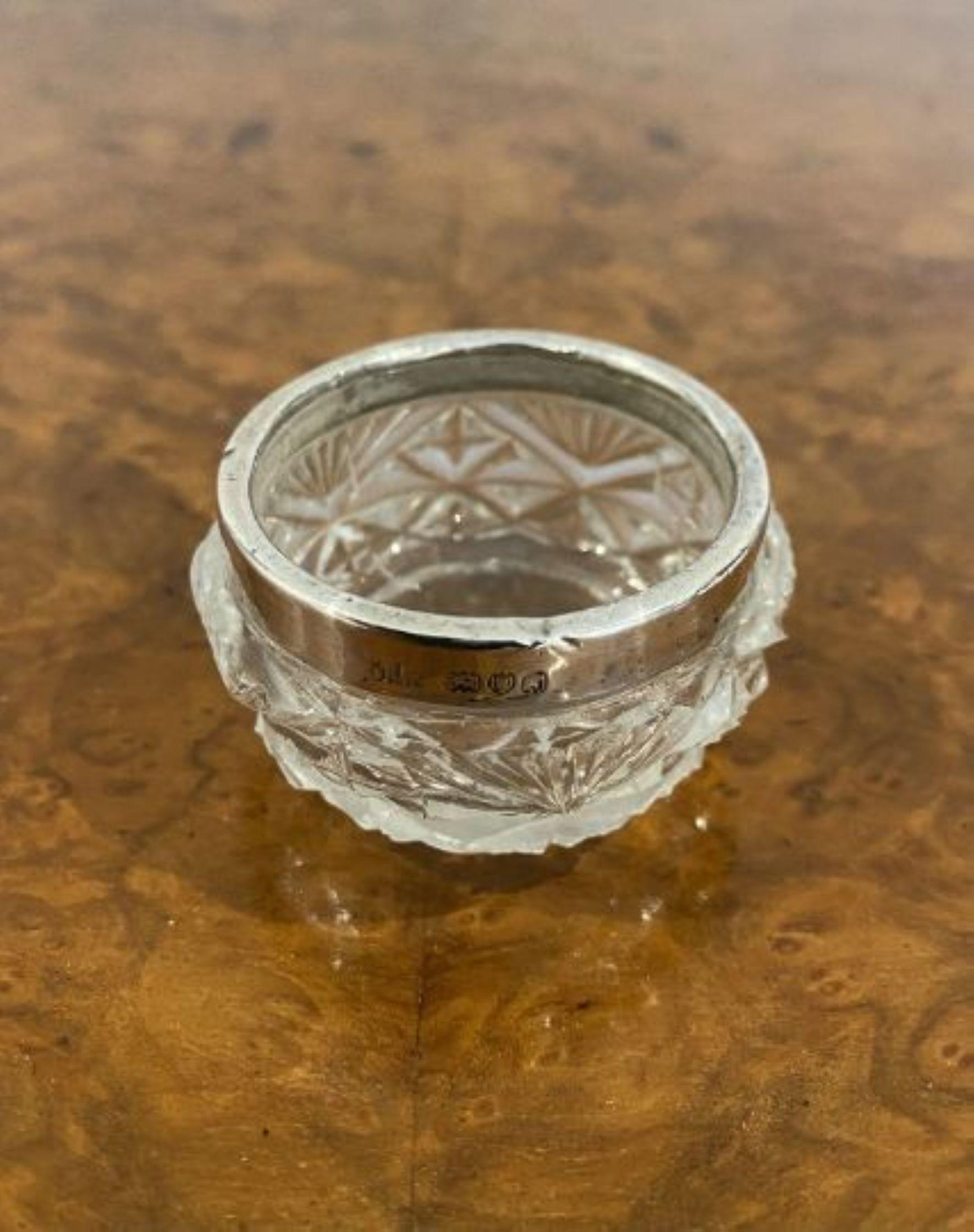 Pair of quality antique Edwardian quality hall marked silver top table salts, having quality cut bowls with solid silver tops.