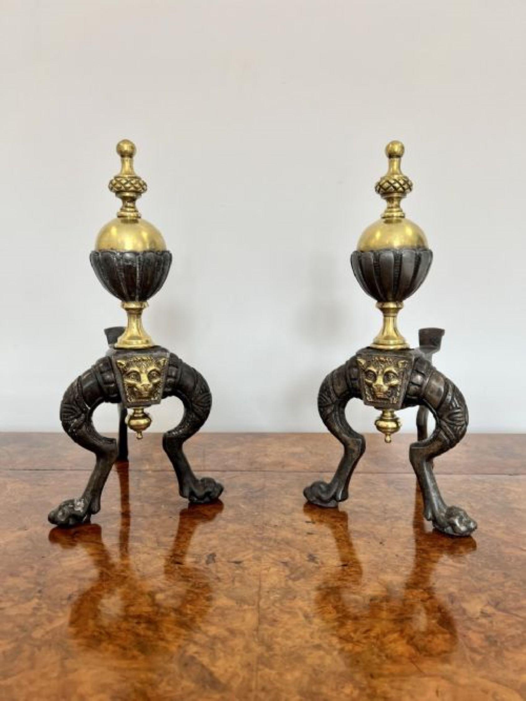 Pair of quality antique Victorian brass and iron fire dogs  In Good Condition For Sale In Ipswich, GB