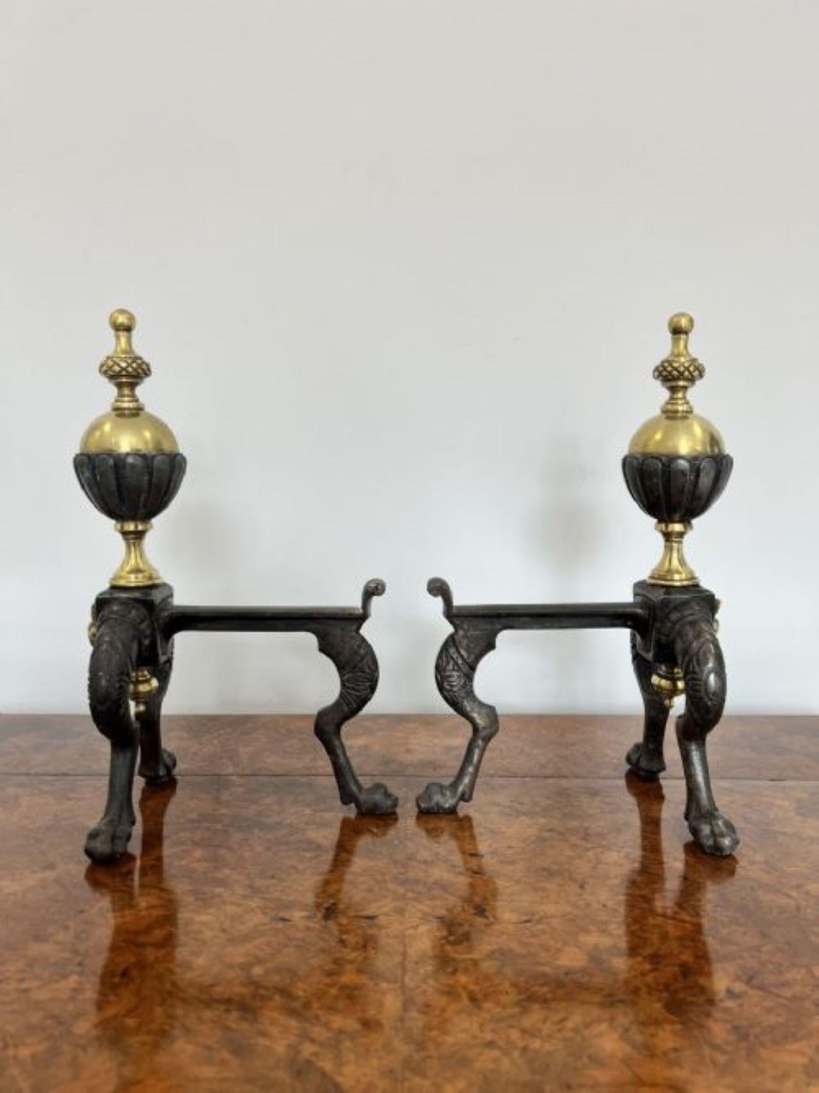19th Century Pair of quality antique Victorian brass and iron fire dogs  For Sale