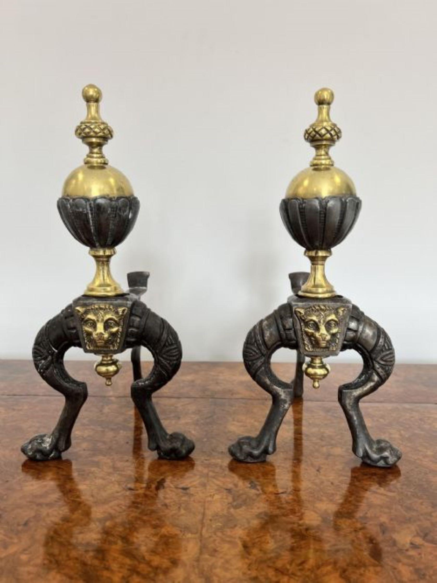Brass Pair of quality antique Victorian brass and iron fire dogs  For Sale