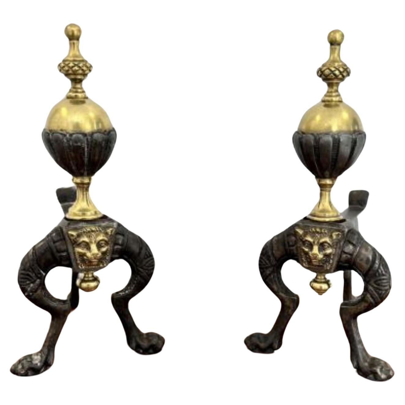 Pair of quality antique Victorian brass and iron fire dogs  For Sale