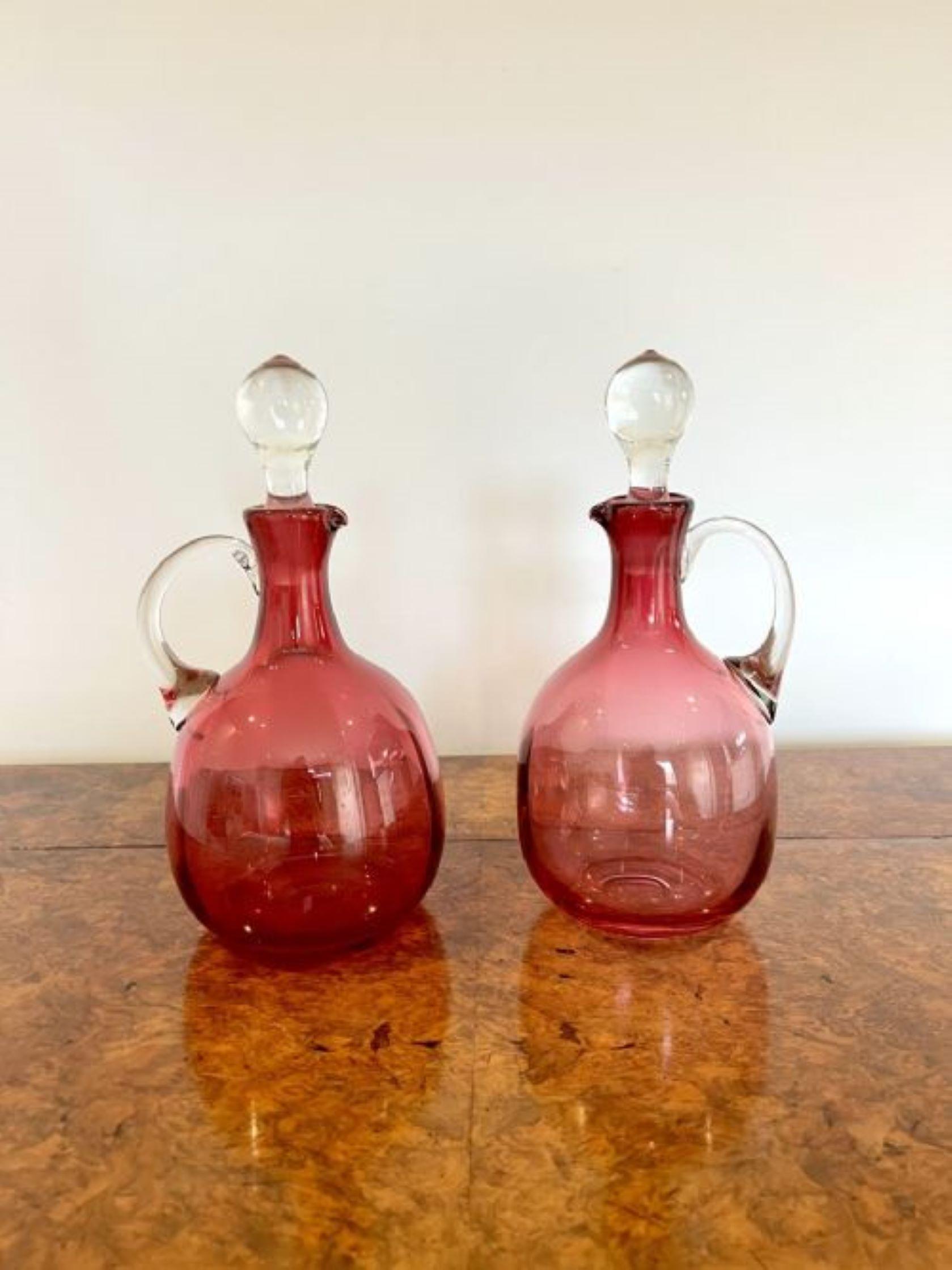 19th Century Pair of quality Antique Victorian Cranberry Glass Decanters For Sale