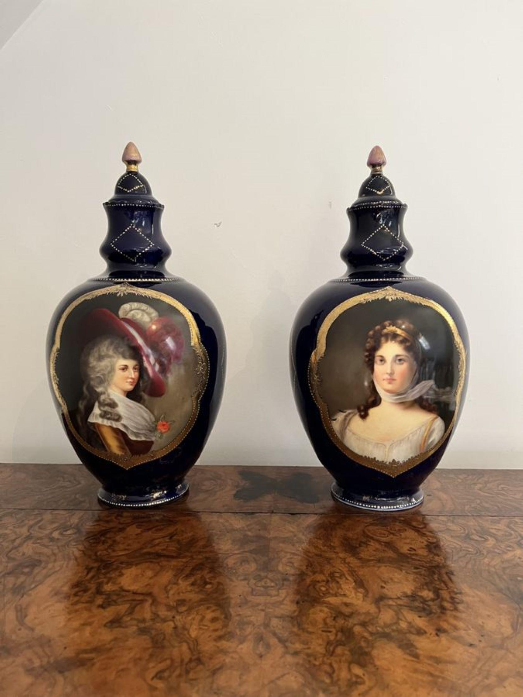 19th Century Pair of quality antique Victorian porcelain hand painted lidded vases  For Sale
