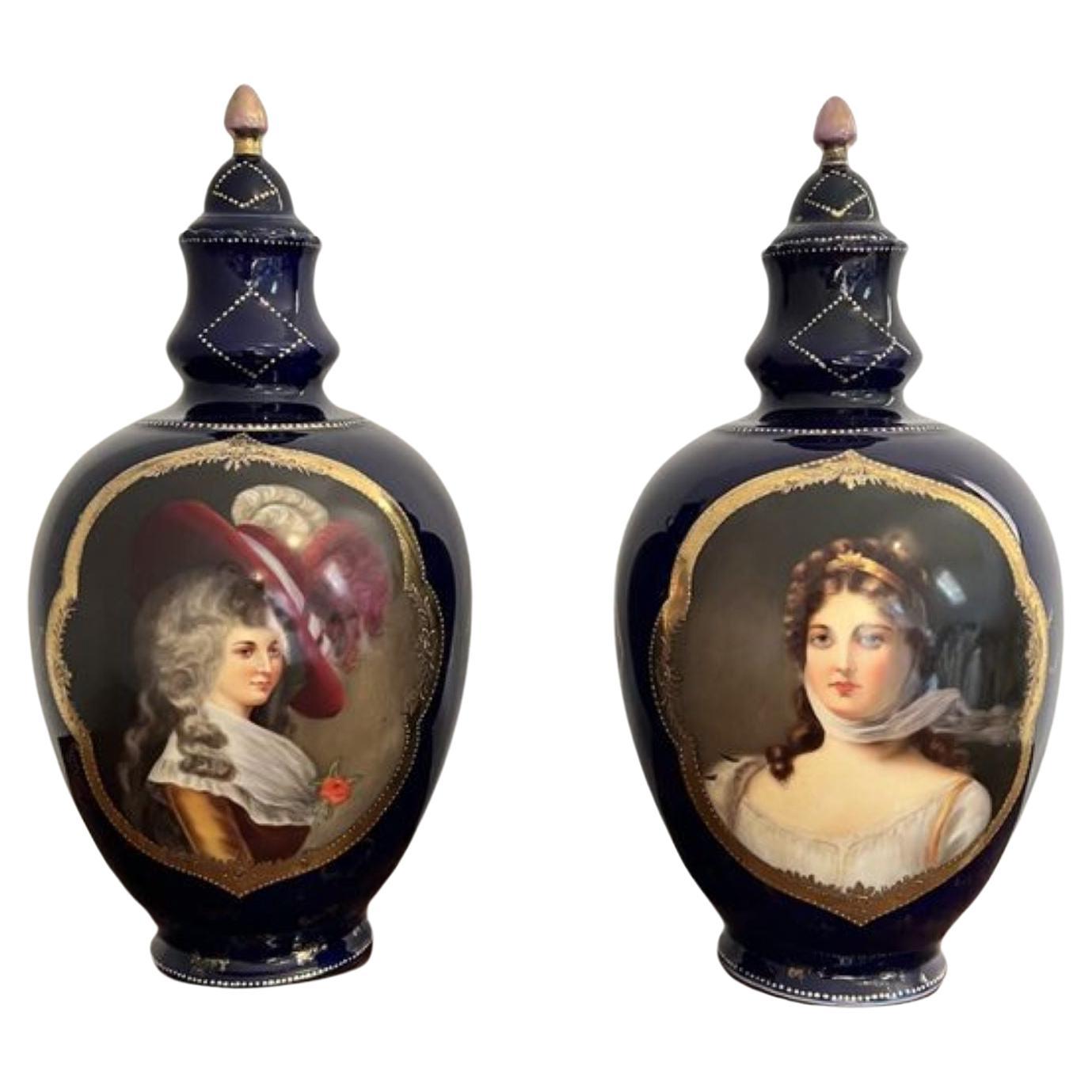 Pair of quality antique Victorian porcelain hand painted lidded vases  For Sale