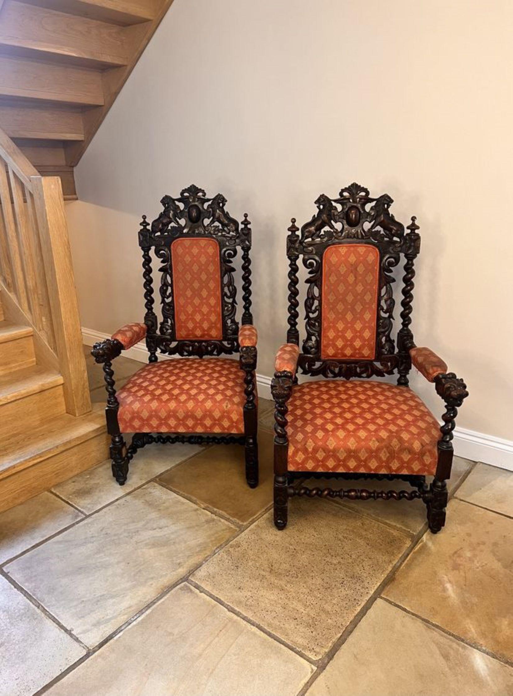 Pair of quality carved oak antique Victorian throne chairs  For Sale 3