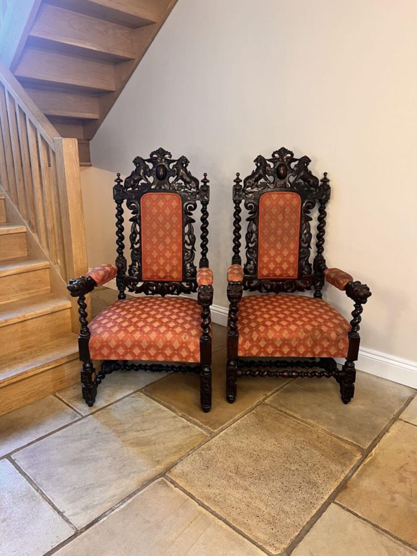 Pair of quality carved oak antique Victorian throne chairs  For Sale 5