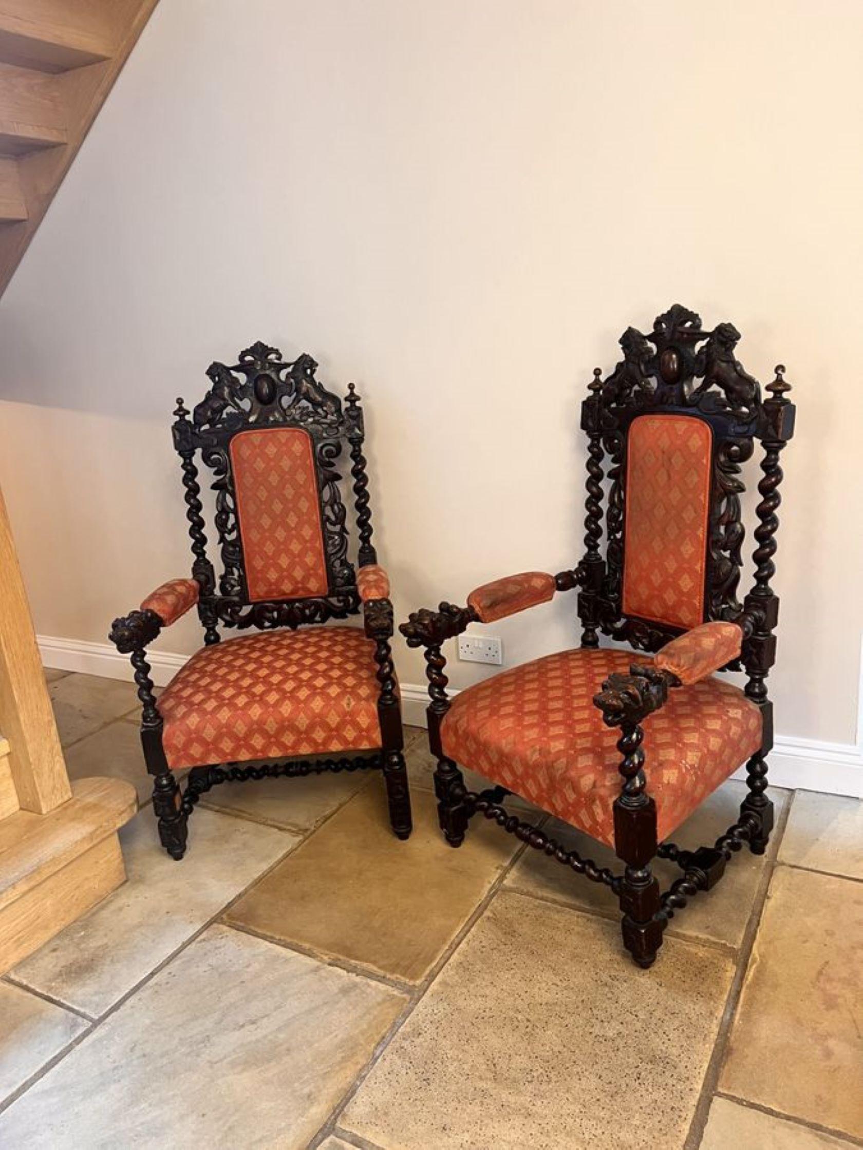 Early Victorian Pair of quality carved oak antique Victorian throne chairs  For Sale