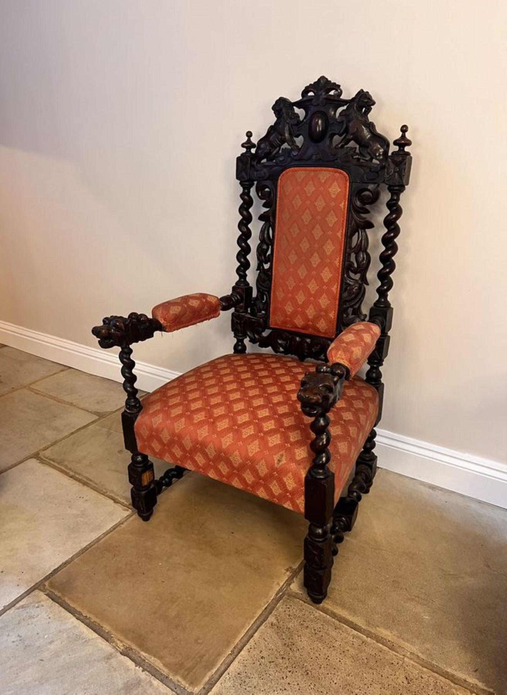 Pair of quality carved oak antique Victorian throne chairs  In Good Condition For Sale In Ipswich, GB
