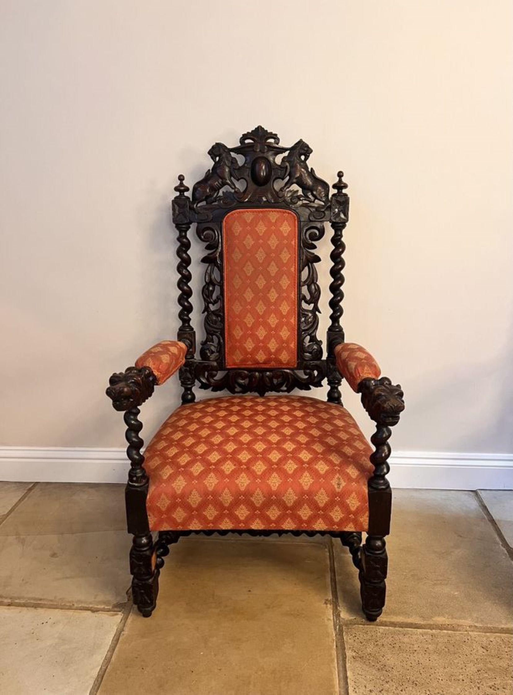 19th Century Pair of quality carved oak antique Victorian throne chairs  For Sale