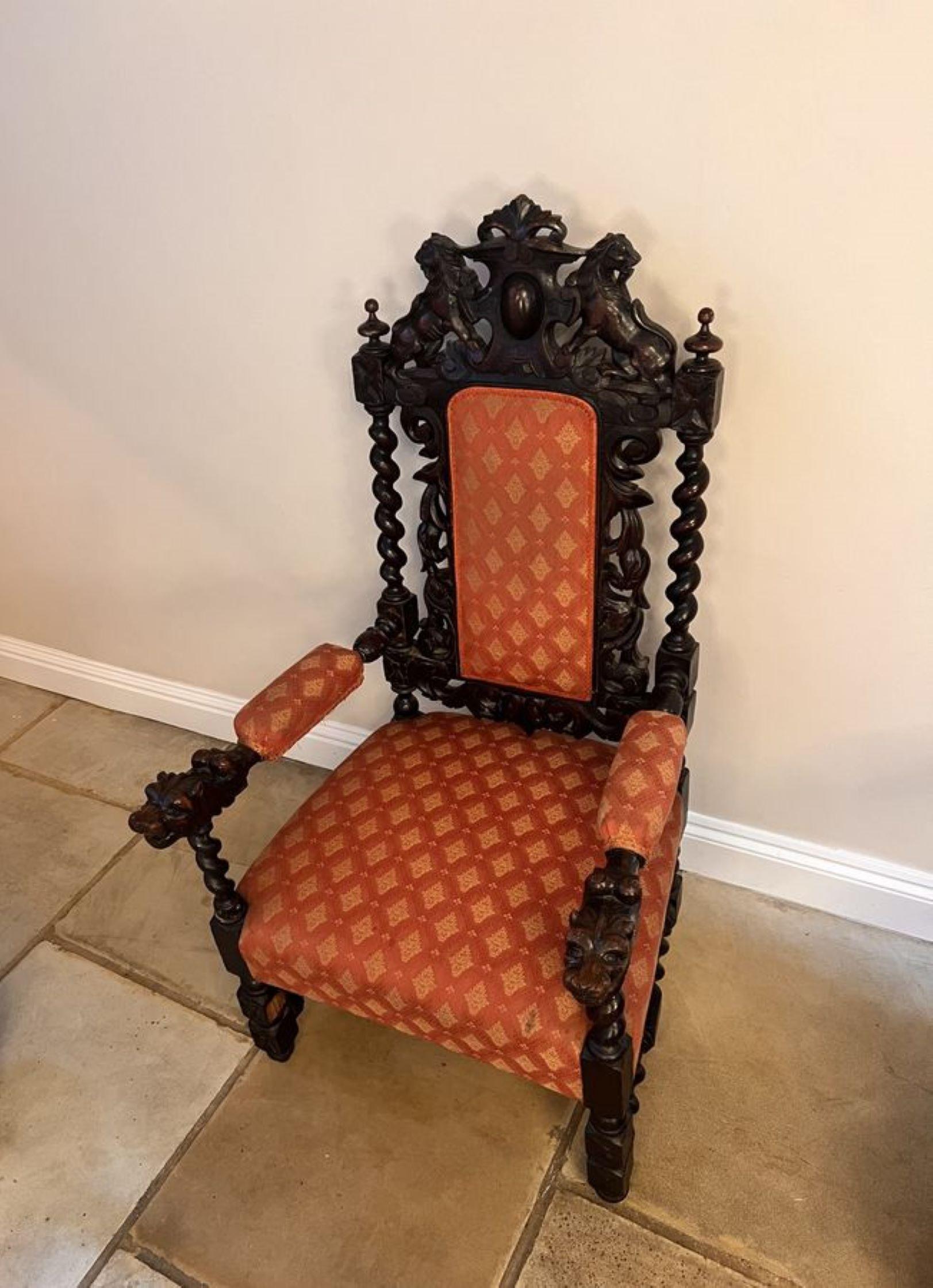Pair of quality carved oak antique Victorian throne chairs  For Sale 1