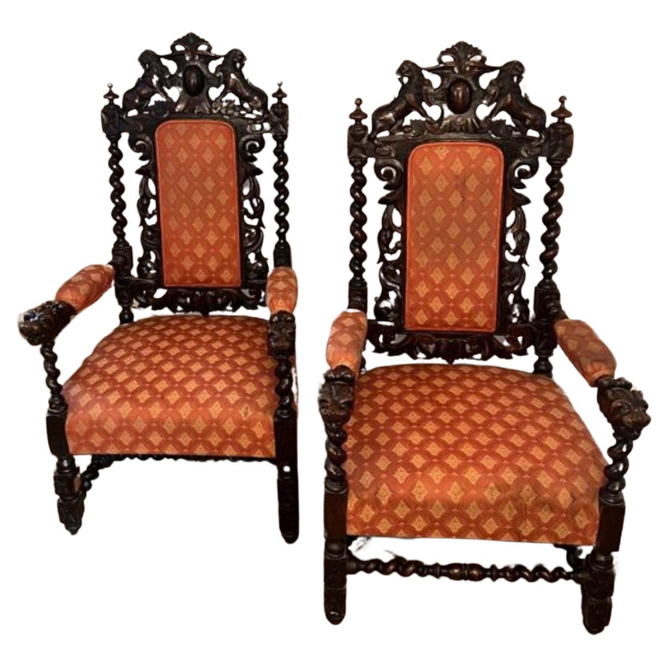 Pair of quality carved oak antique Victorian throne chairs  For Sale