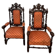 Pair of quality carved oak antique Victorian throne chairs 