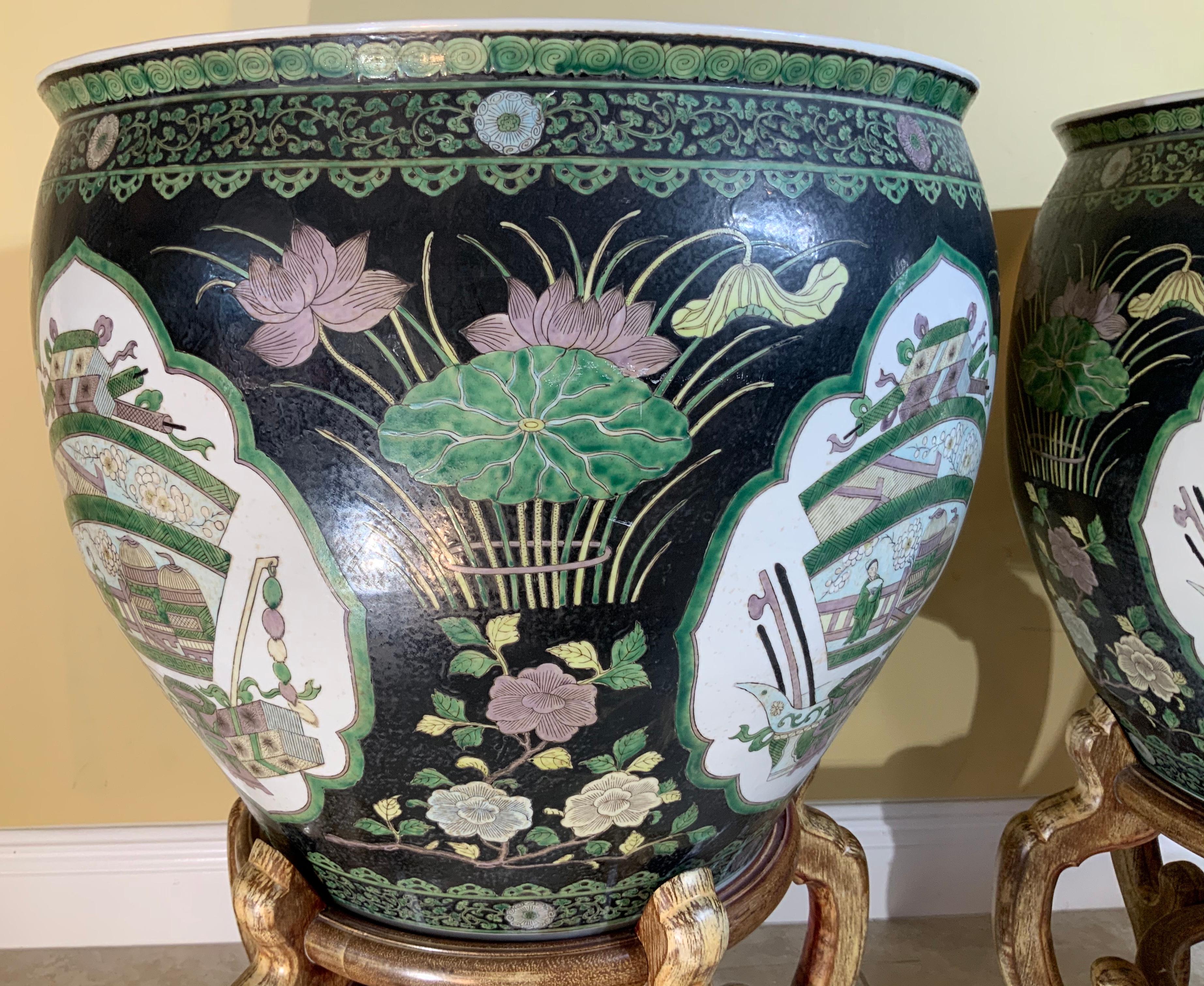 Pair of Quality Ceramic Chinese Garden Fishbowl Jardiniere 7