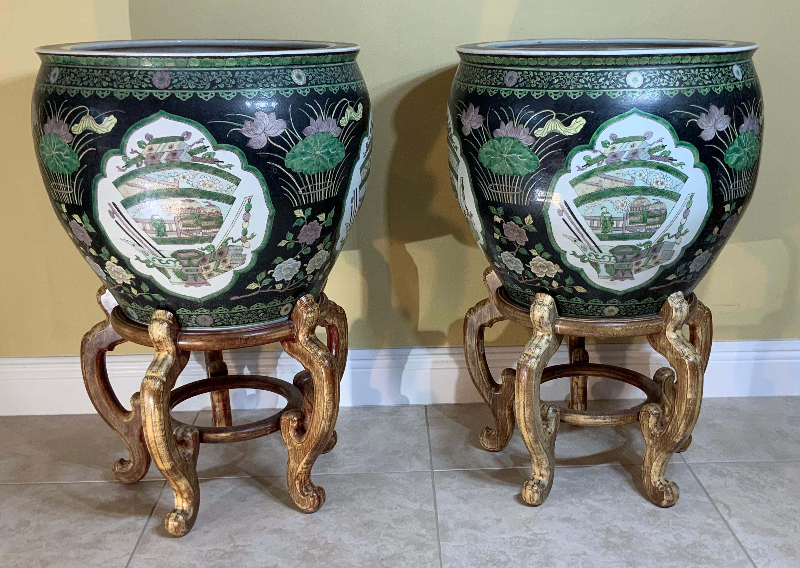 Pair of Quality Ceramic Chinese Garden Fishbowl Jardiniere 11