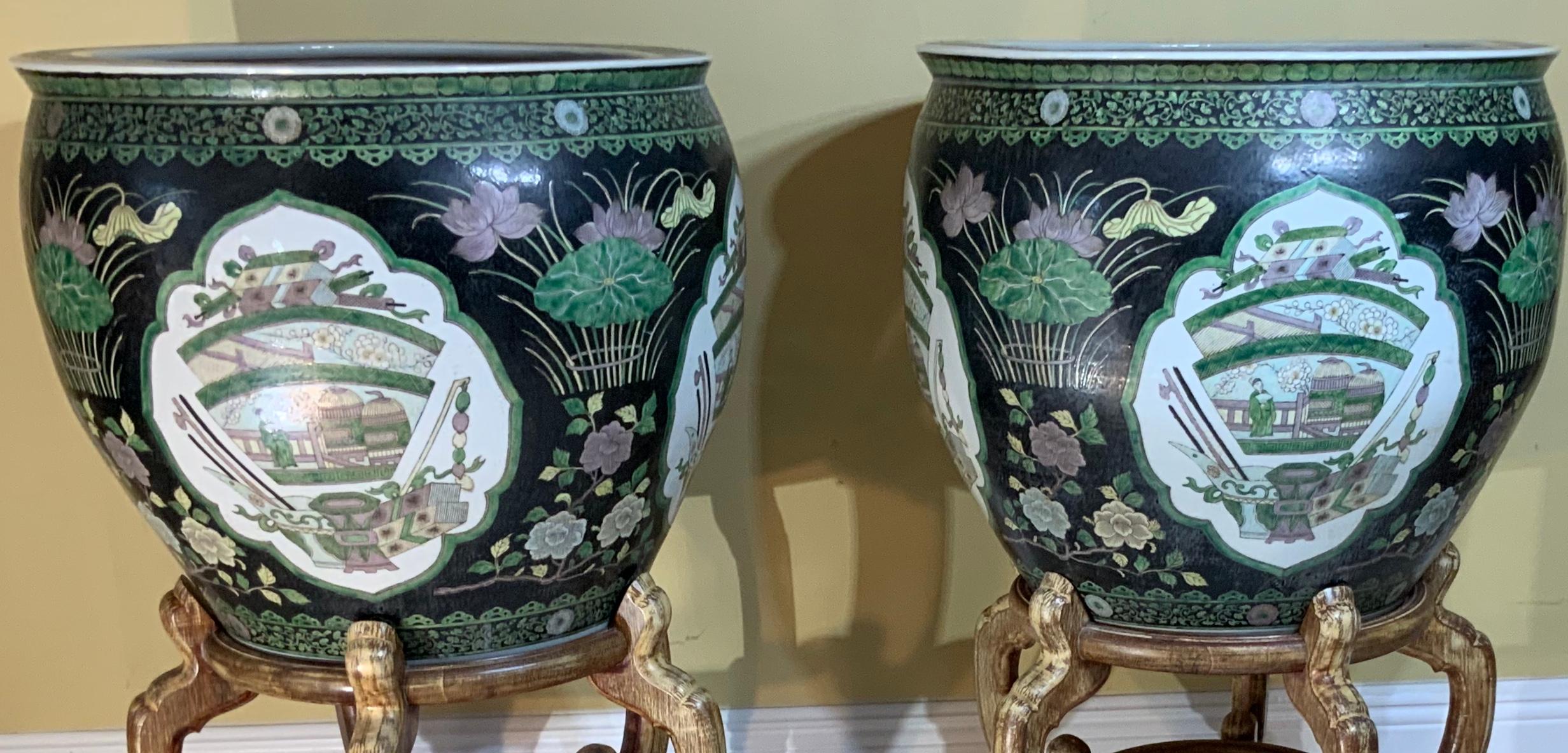 Pair of Quality Ceramic Chinese Garden Fishbowl Jardiniere 12