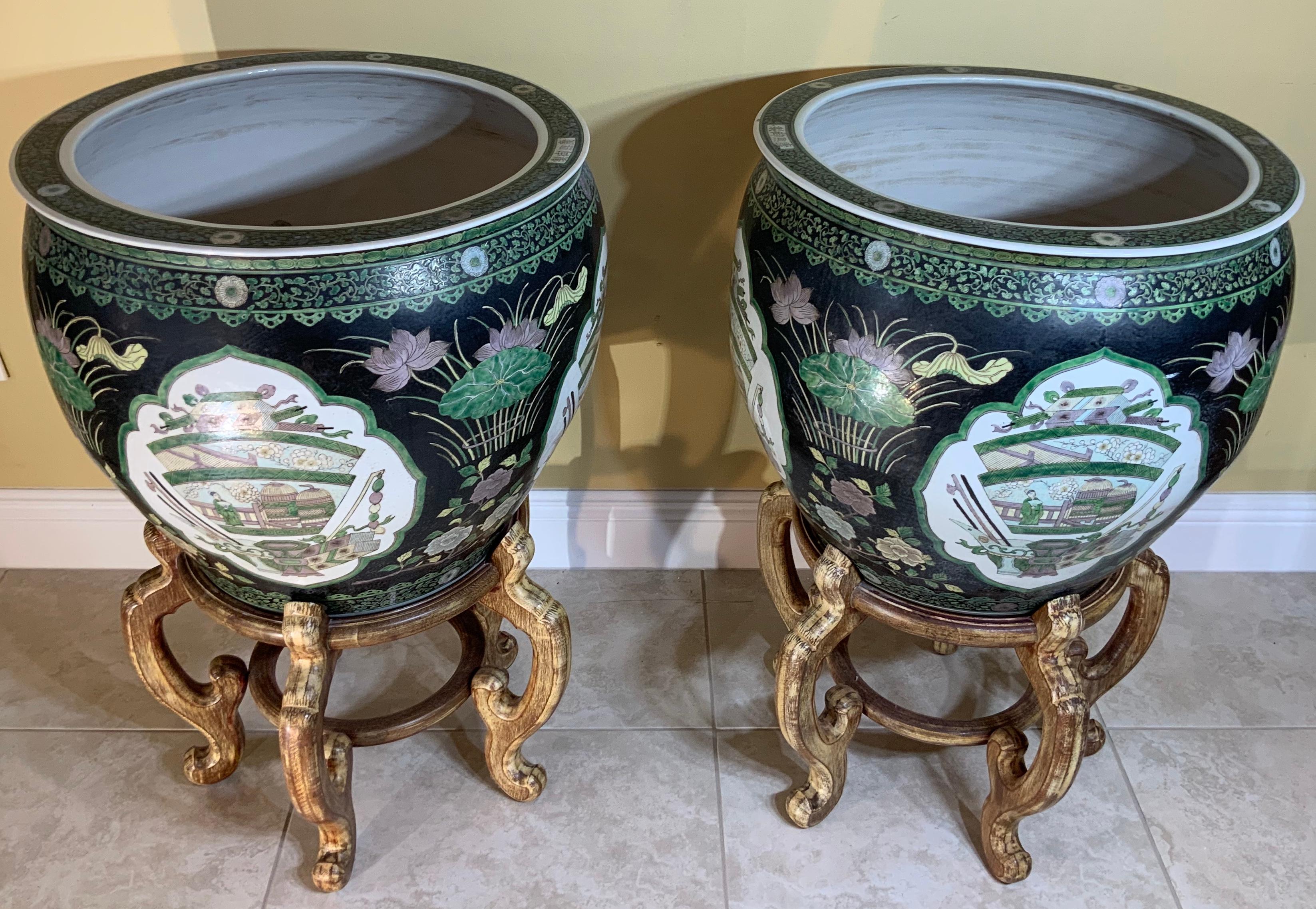 Pair of Quality Ceramic Chinese Garden Fishbowl Jardiniere 13