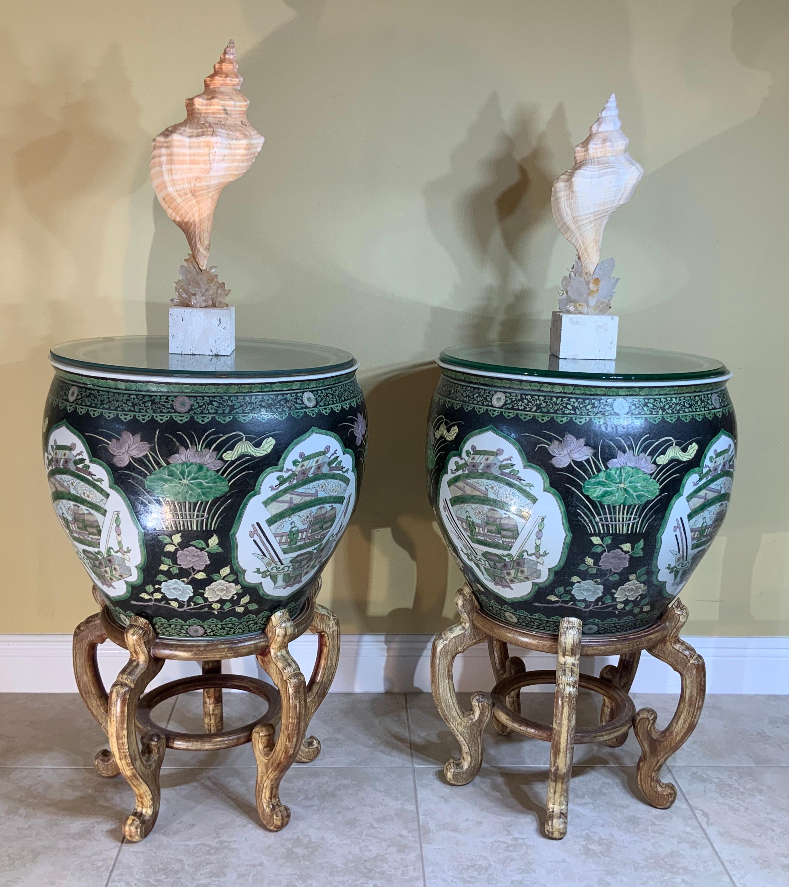 Pair of Quality Ceramic Chinese Garden Fishbowl Jardiniere 14