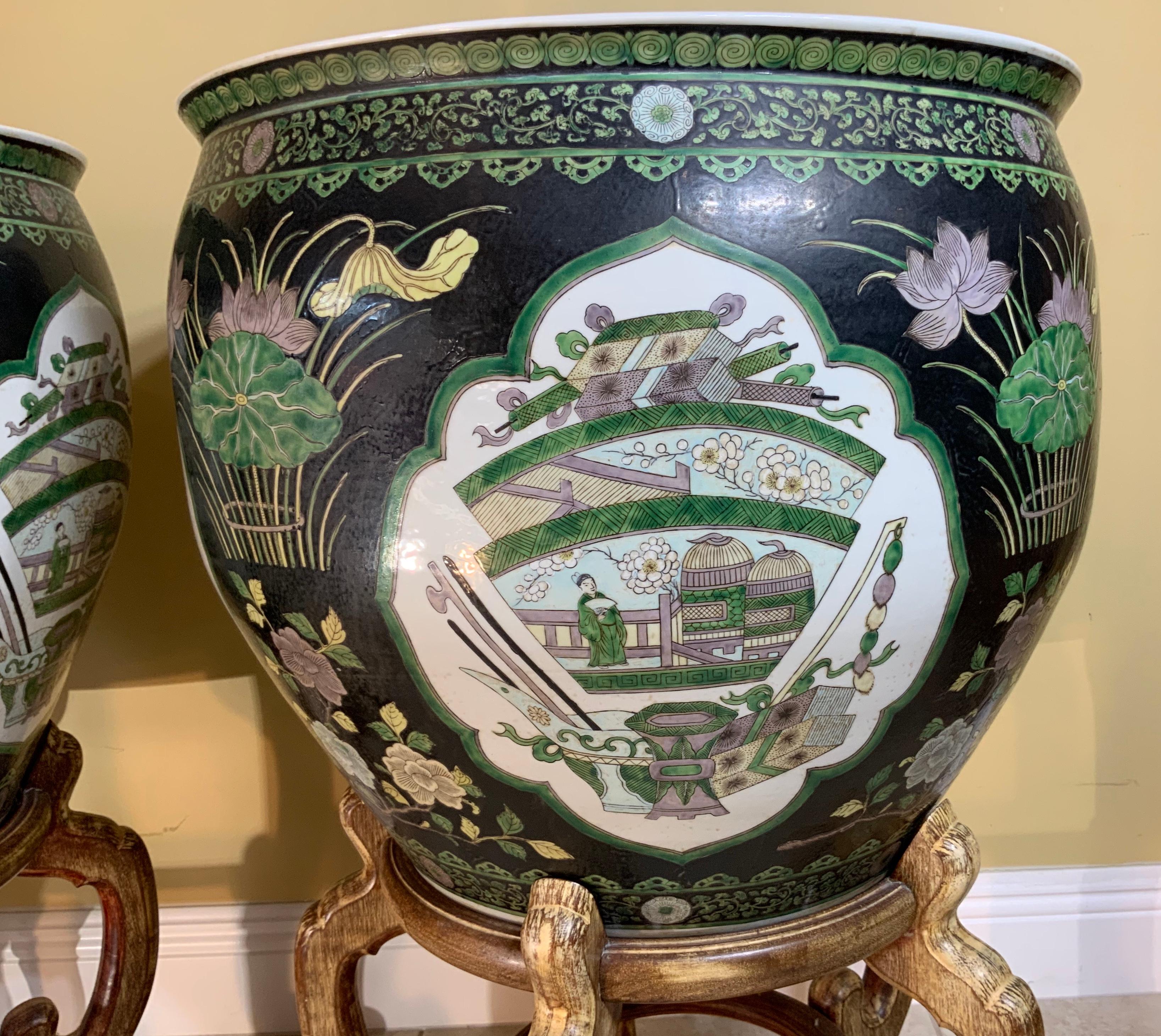 Pair of Quality Ceramic Chinese Garden Fishbowl Jardiniere 1