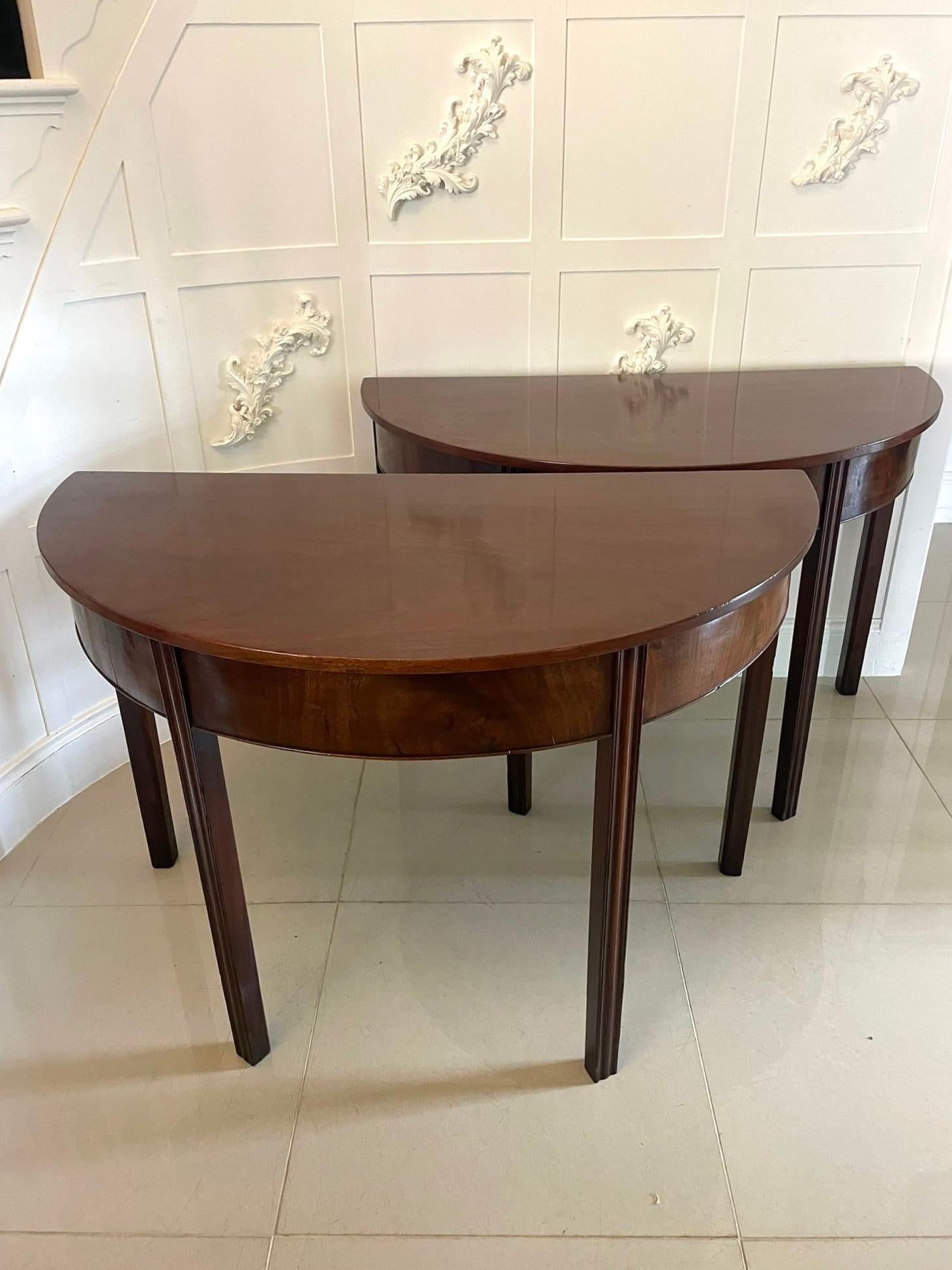 Pair of Quality Figured Mahogany Antique George III Demi Lune Console Tables For Sale 5