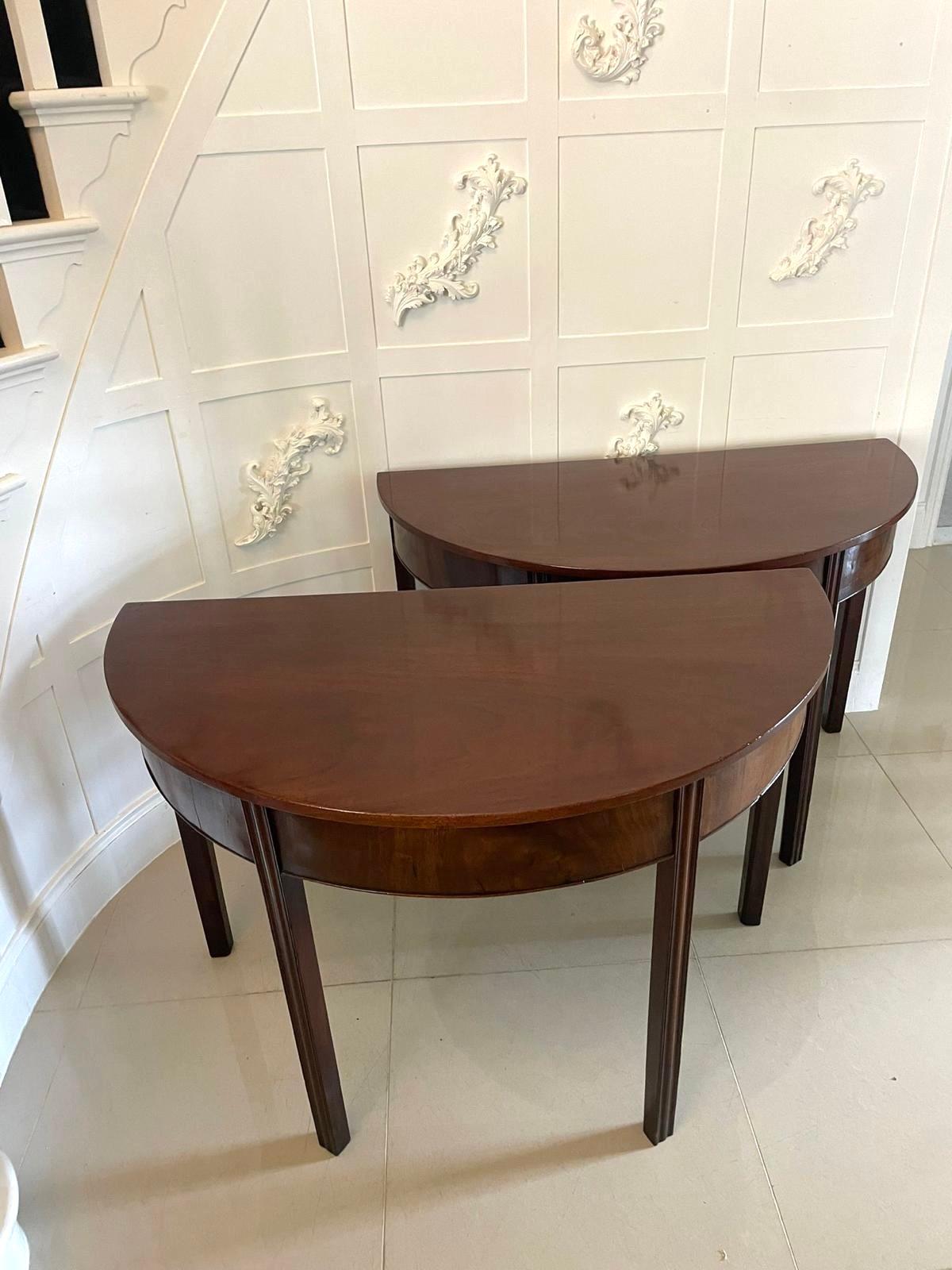 18th Century and Earlier Pair of Quality Figured Mahogany Antique George III Demi Lune Console Tables For Sale